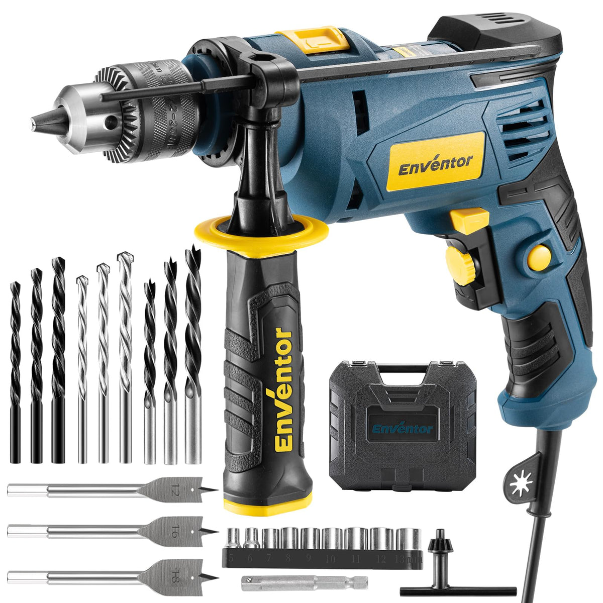 Enventor Hammer Drill, 750W 0-3100RPM Electric Corded Hammer Drill, Variable Speed, 13mm Chuck, 360? Auxiliary Handle, with 24pcs Accessories for