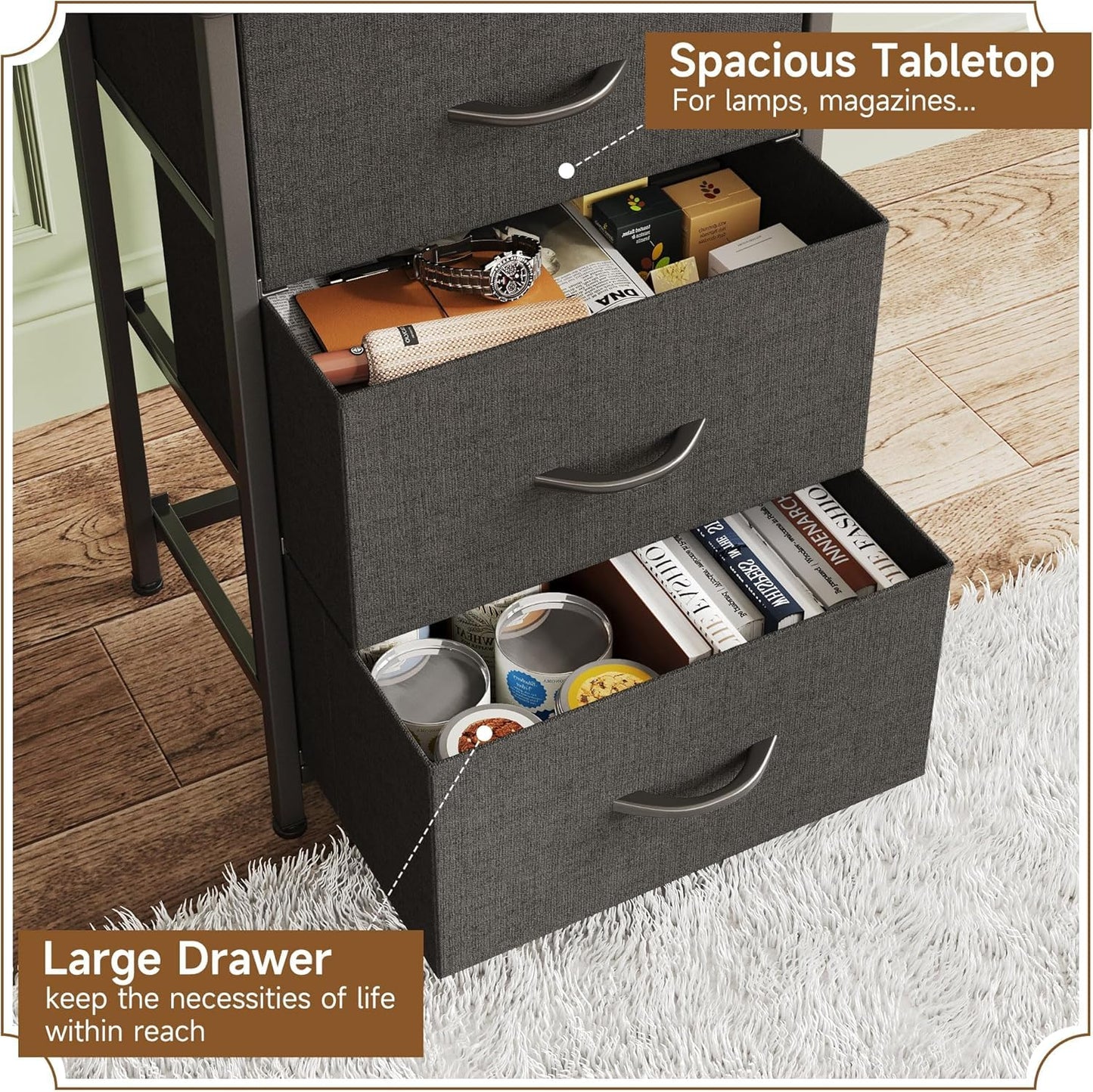 VERMESS Bedroom Chest of Drawers, 3 Fabric Drawer Dresser, Bedside Table, Small End Table for Living Room, Wooden Cabinet Bedside