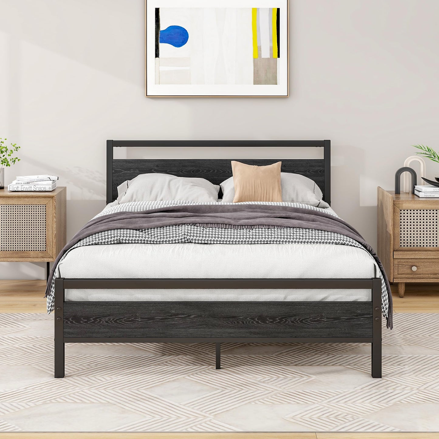 BOFENG 4ft6 Double Bed Frames with Wood Headboard,Heavy Duty Metal Platform Bed Frame Double Bed No Box Spring Needed,Mattress Foundation/Under Bed