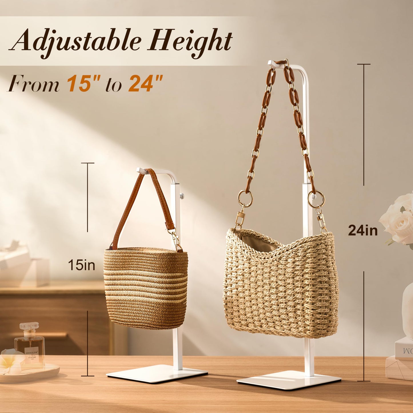 Josmimic 2 Pack Purse Holder Handbag Display Stand: White Hanger Rack for Bags, Purses, and Wreath, Adjustable Hook Stand for Tabletop, Closet