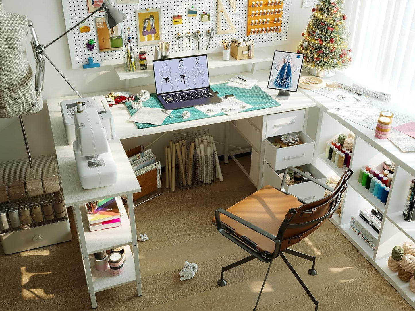 Xyphren Corner Computer Desk with Drawers, 140x80cm Reversible L Shaped Desk with Power Outlet, Home Office Desk with Monitor Stand and PC Stand