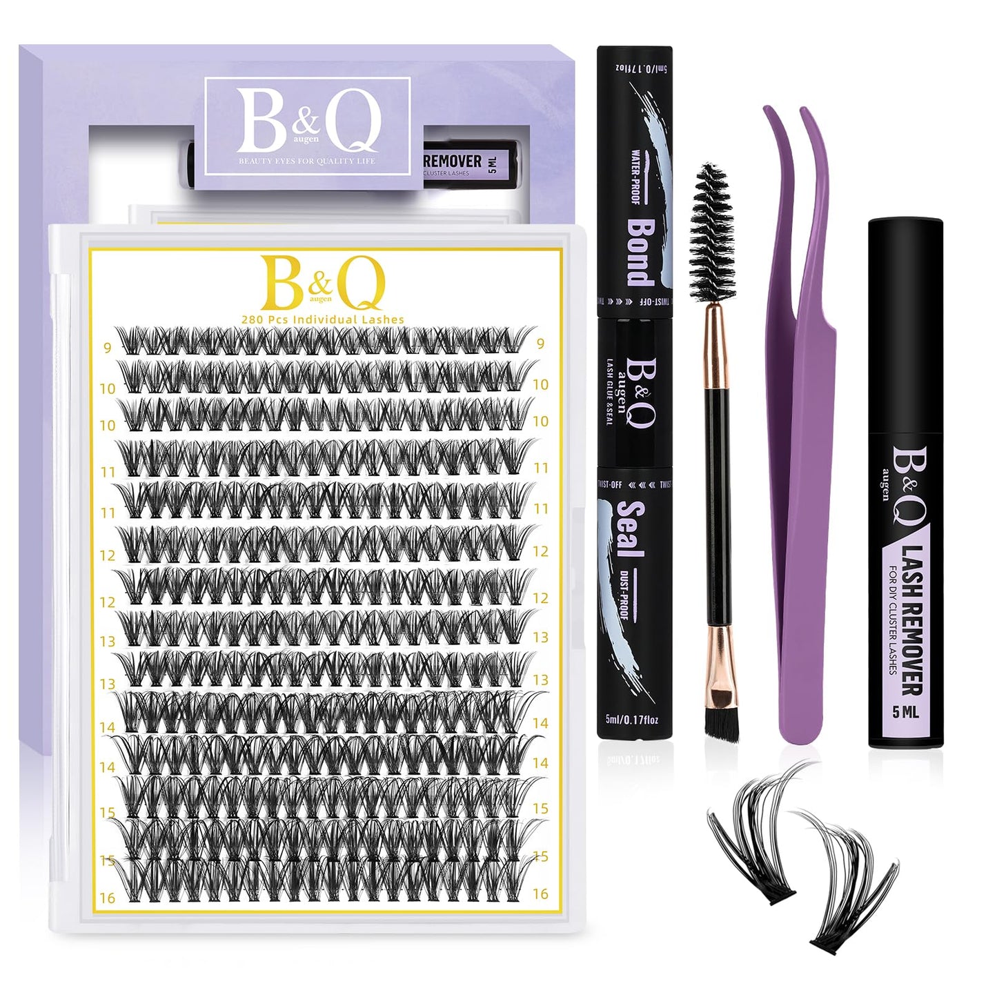 B&Q DIY Eyelash Extension Kit 280 PCS Cluster Lashes Kit D 9-16MIX Diy Lash Extensions Kit with Lash Bond and Seal Lash Remover Lash Applicators for
