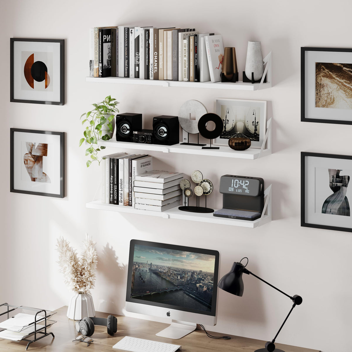 CASSA Wall Mounted Floating Book Shelves for Wall Set of 3, Shelf Bookshelf for Bedroom Living Room Office Bathroom Kitchen Rustic Wood with Metal