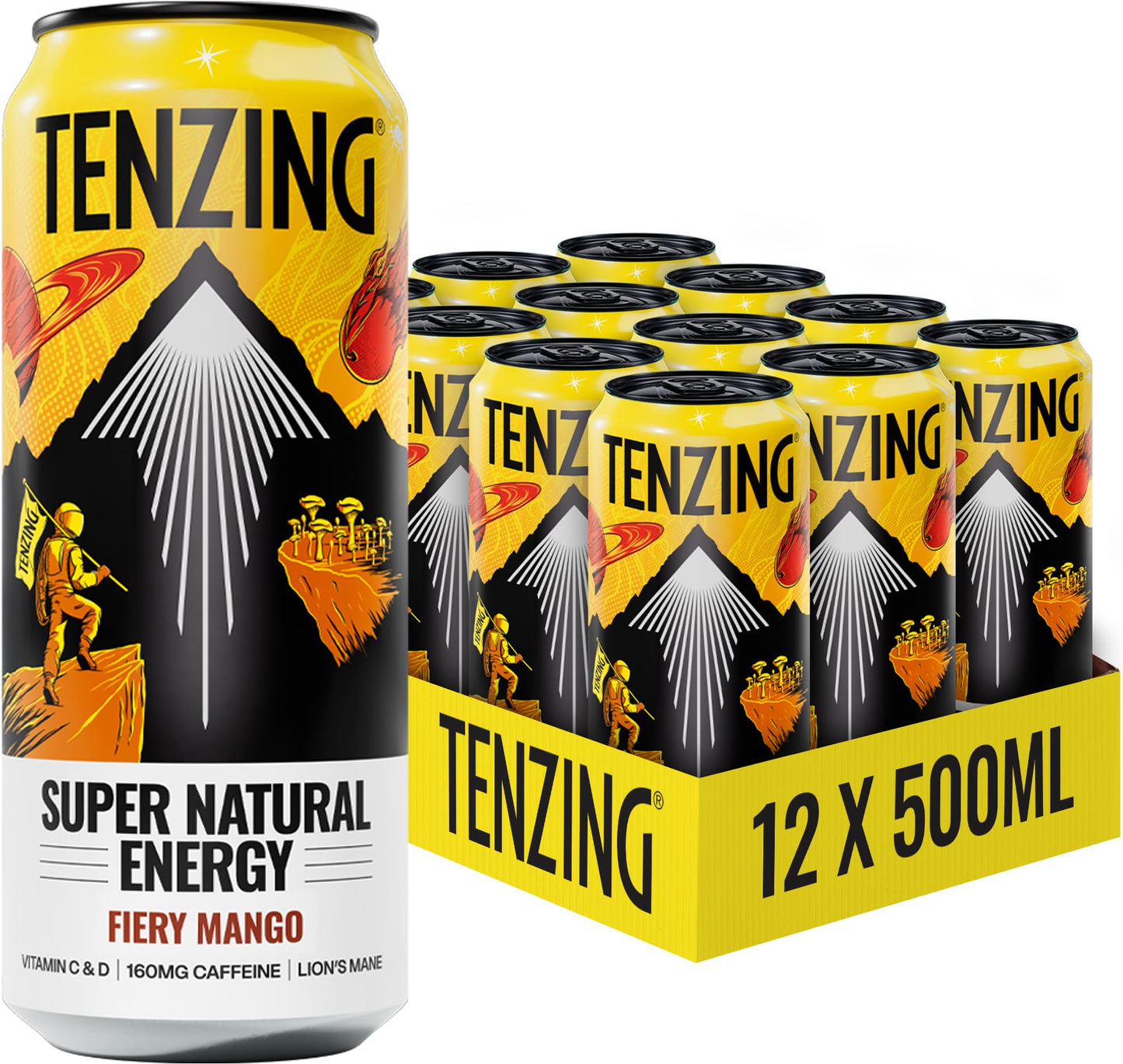 TENZING Super Natural Energy Drink, Fiery Mango, 160MG Caffeine, Vitamin D, Magnesium, Mushrooms, Plant Based, Vegan, & Gluten Free, 500ml (Pack of