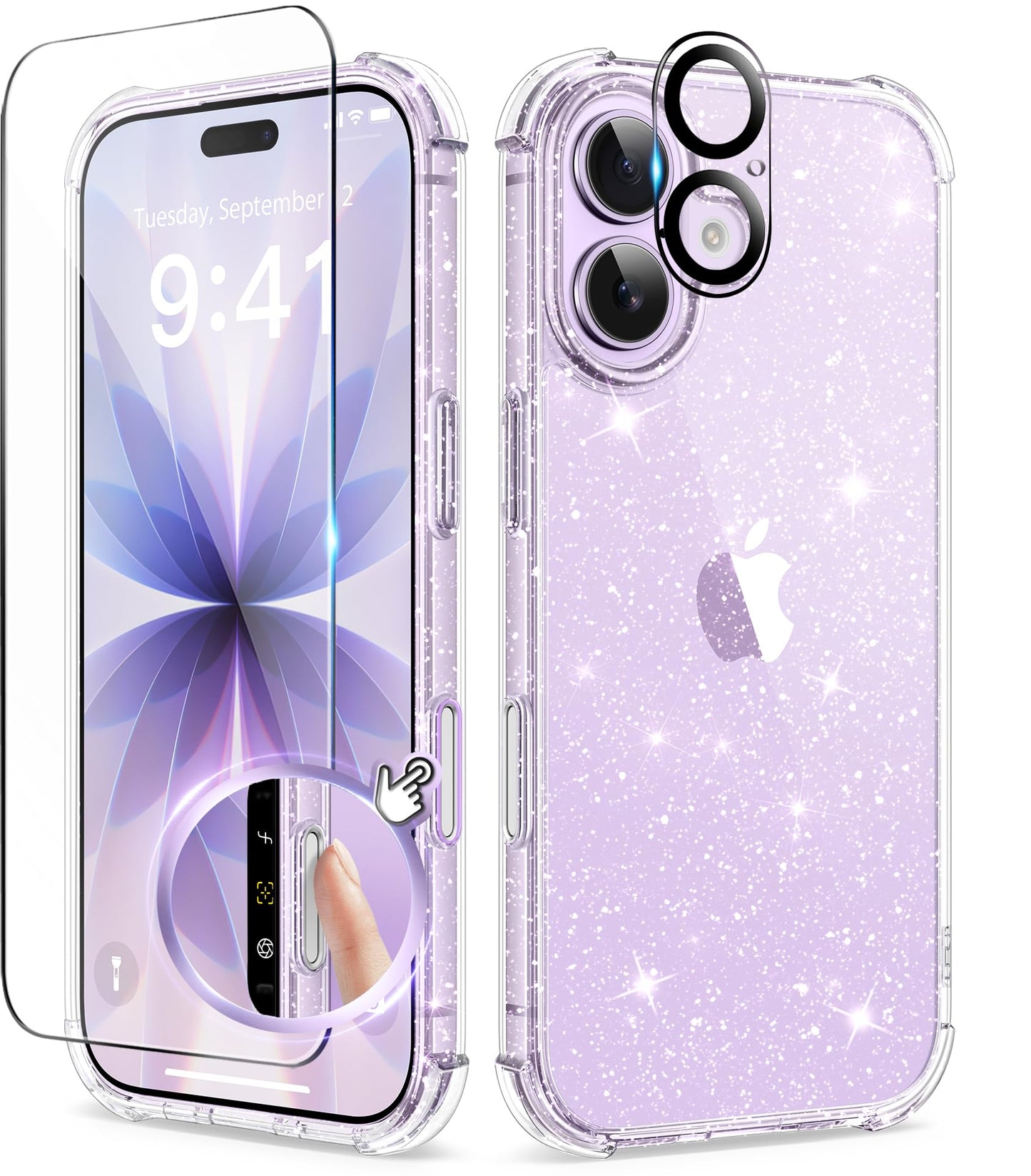 BERFY for iPhone 17 Case for Women, Clear Glitter Shockproof Protective Case, Anti-Yellowing, with Screen Protector & Camera Lens Protector 6.3",