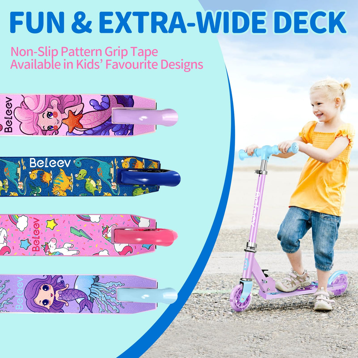 BELEEV V1 Scooter for Kids, 2 Wheels Folding Kick Scooter for Children Girl and Boys, 3 Adjustable Height, Flashing Light up Wheels, Lightweight