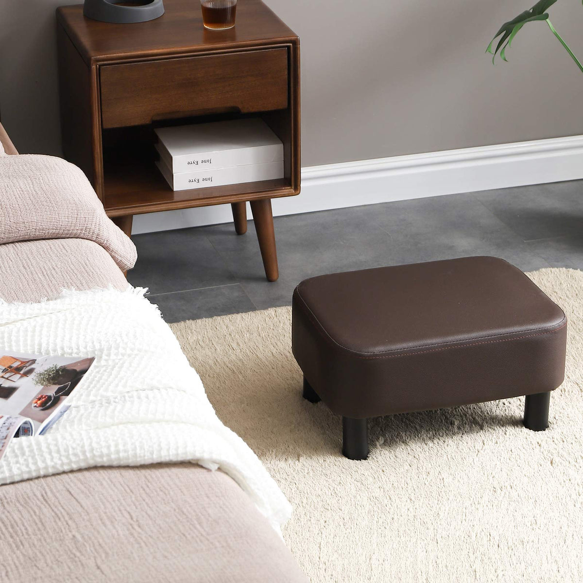 YMYNY 42CM Footstool, Small Foot Stool with Stable Wooden Legs, Modern PU Leather Footrest, Change Shoes Stool for Living Room