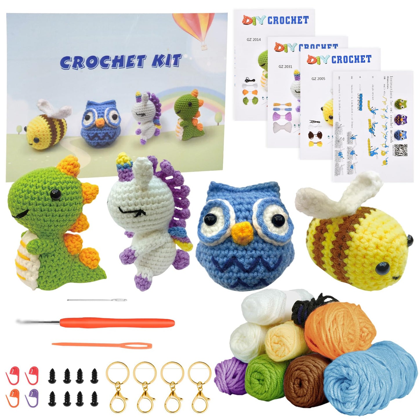 AUAUY Crochet Kit for Beginners, 4PCS Beginner Crochet Animal Kit, Yarn, Eyes, Stuffing, Crochet Hook for Kids and Adults, Crochet Kit with