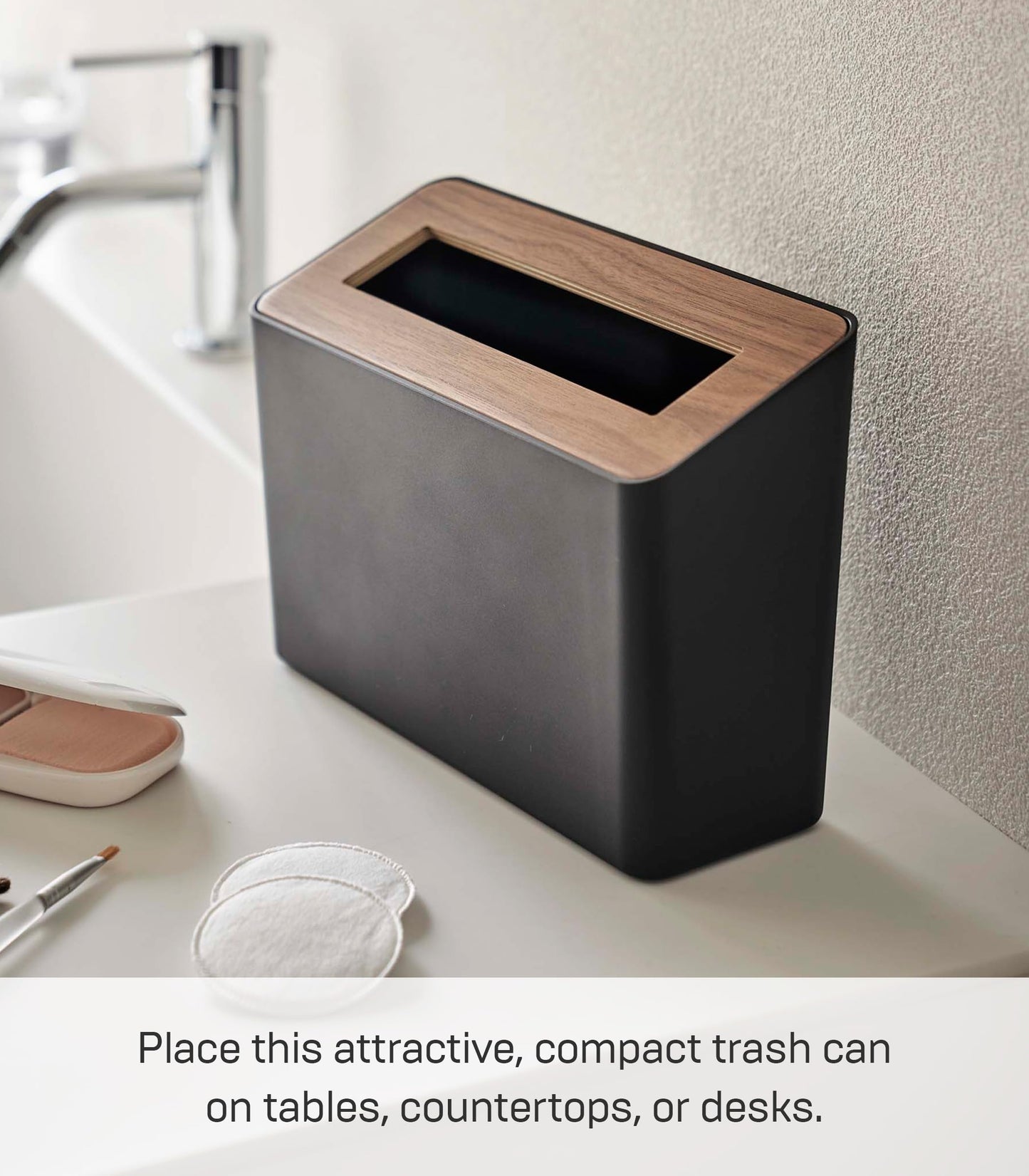 YAMAZAKI 5230 RIN Table Trash Can, black, ABS Resin/Wood, Minimalist, 22 x 9 x 15.5 cm
