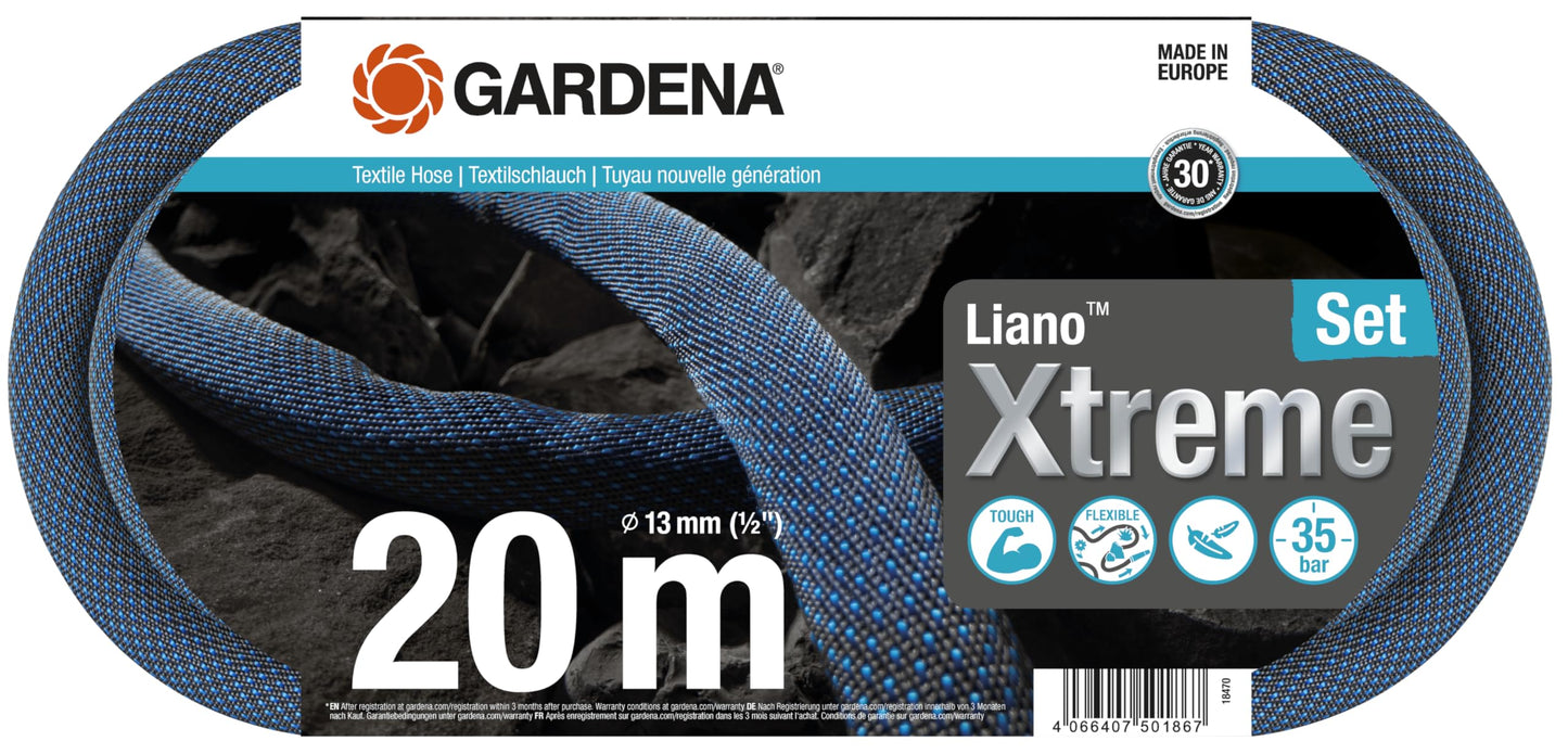 Gardena Liano Xtreme 1/2 inch, 20m set: Extremely robust textile garden hose, for indoor water taps, with PVC inner tube, lightweight,