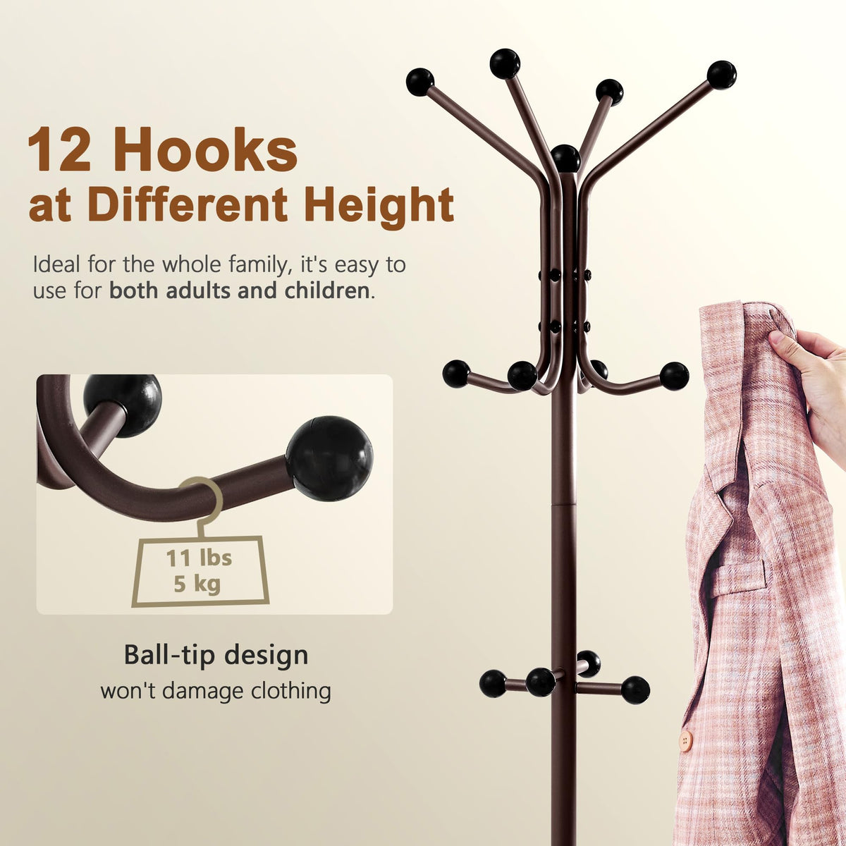Hoctieon Coat Rack Freestanding, Coat Tree with Umbrella Holder, Metal Coat Rack Stand with 12 Hooks, Standing Coat Hanger Stand