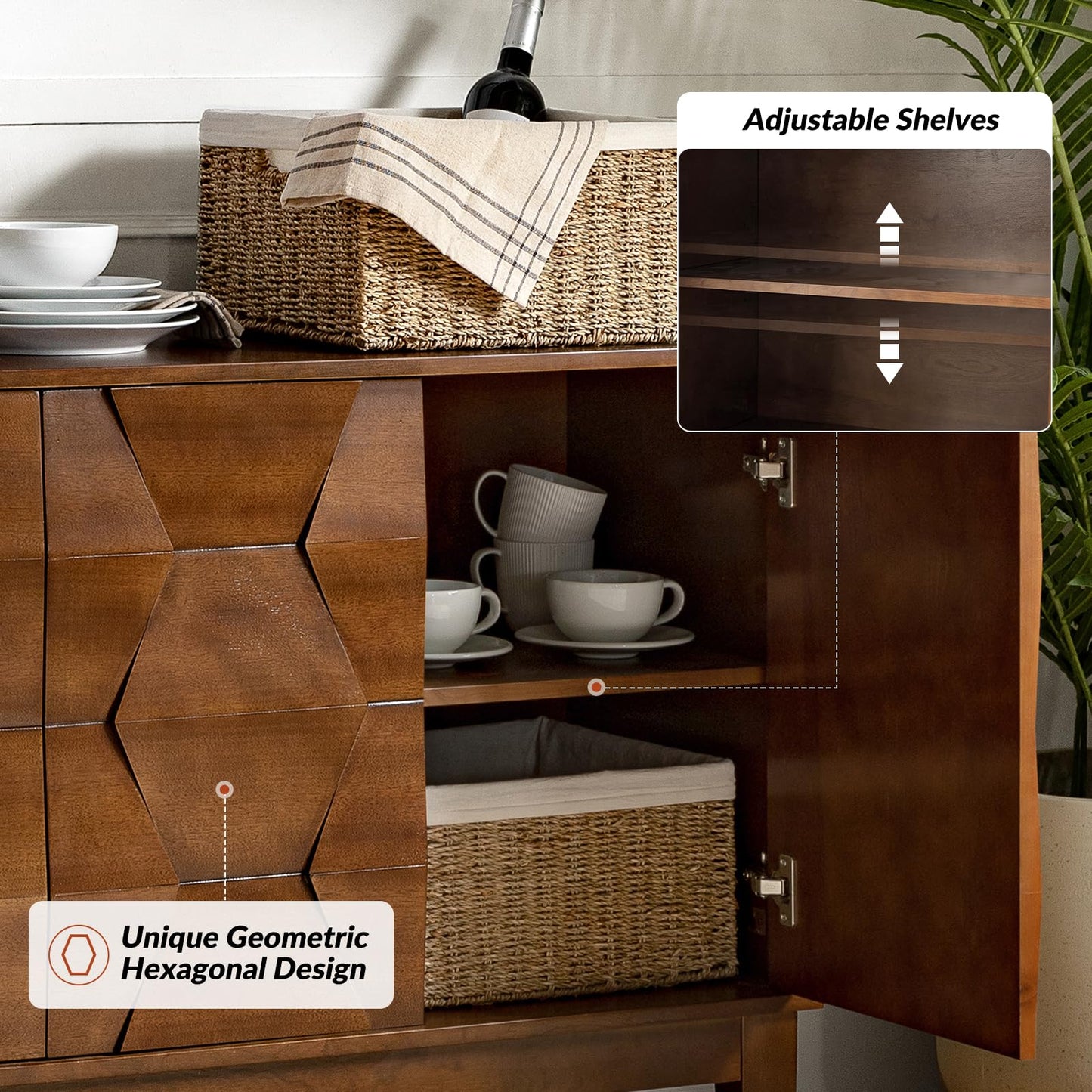 HULALA HOME 152 cm Wooden Sideboard Cabinet with Adjustable Shelves, Walnut