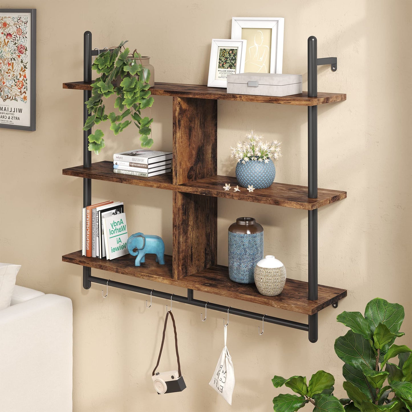 Bestier 3 Tier Floating Pipe Shelving 115CM Industrial Wall Mounted Ladder Shelf Hanging with Circular Tube with Hooks Wood Display Storage Home Decor