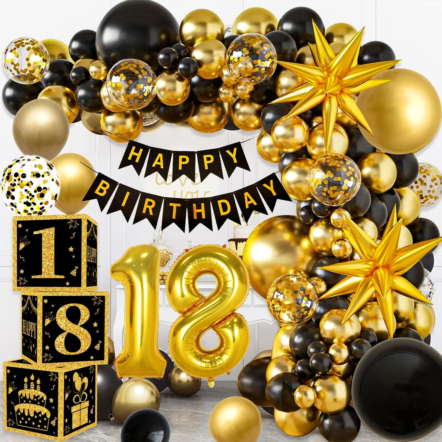 YEJIKJ 18th Birthday Decorations Set, Black and Gold Party Decorations 18th Birthday For Boys, Black Gold Balloons Party Supplies