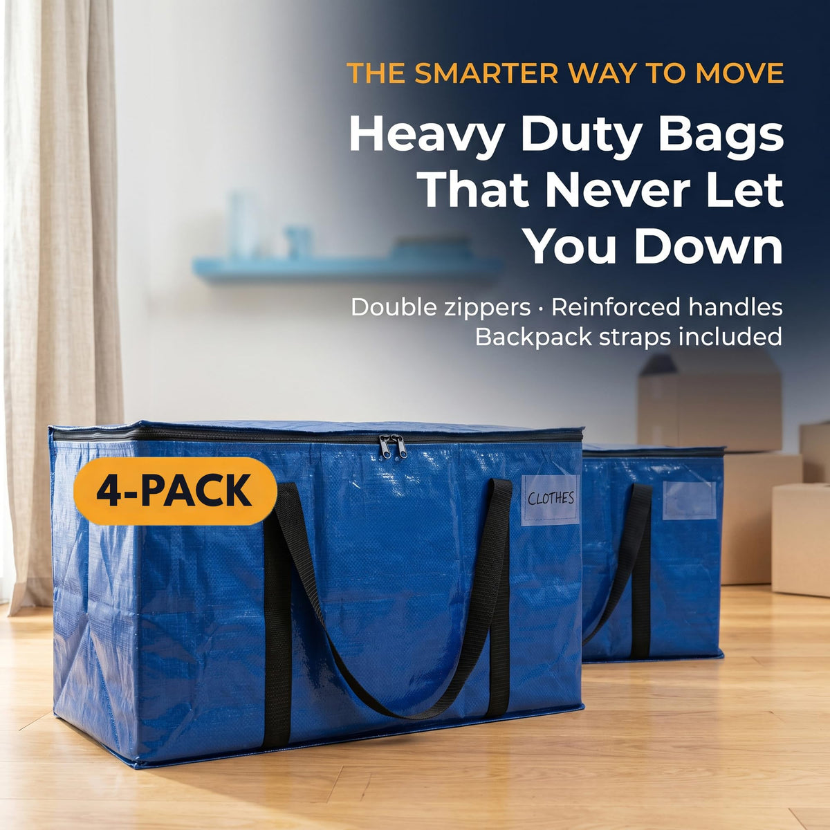 ClearSpace Heavy Duty Moving Bags or Storage Bins with Lids, Blue, 4 Pack