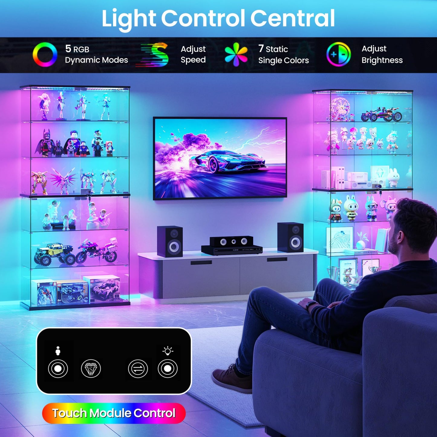 FREDEES Full Glass Display Cabinet with RGB Lights, 6-Tier, White