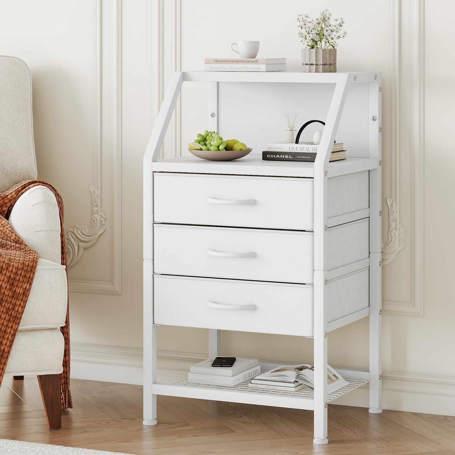 Feonase Bedside Table Wide with 3 Fabric Drawers & Open Shelf Suitable For Bedroom Bed Side Tables, Sofa Side Tables