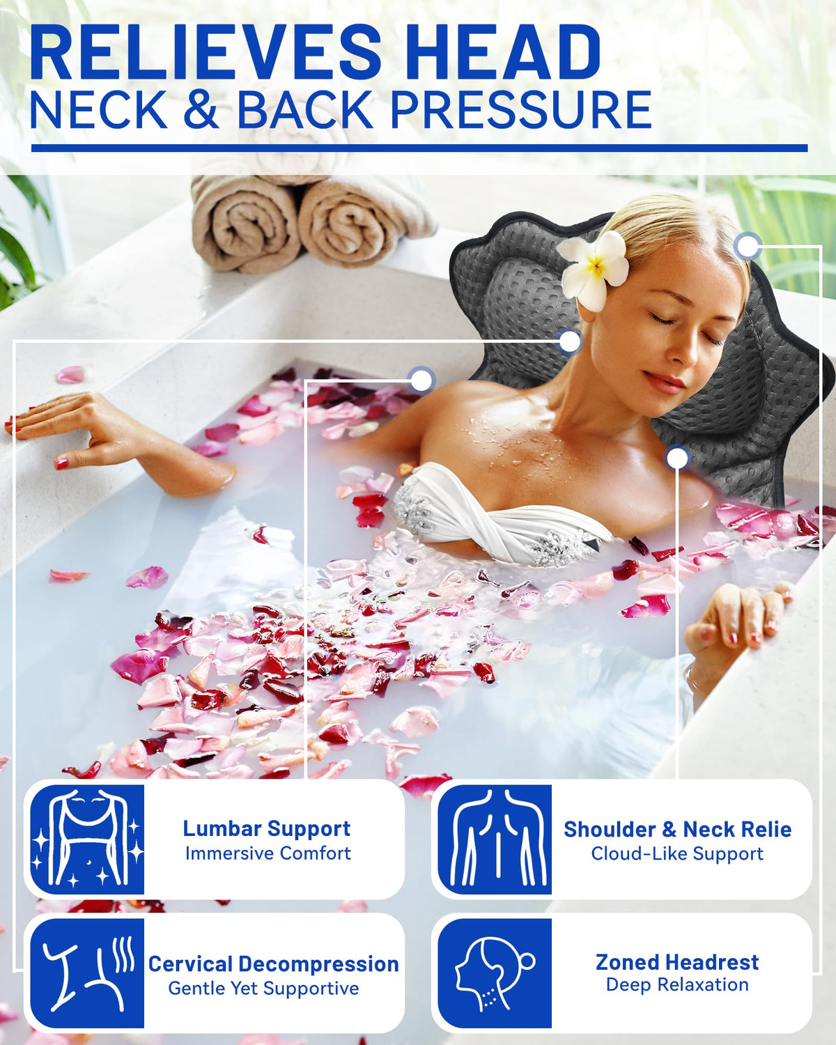 Bath Pillow, 4D Bath Pillows Spa Headrest, Ergonomic Mesh SPA Tub Pillow with 6 Non-Slip Suction Cups with Head, Neck, Shoulder and Back Support