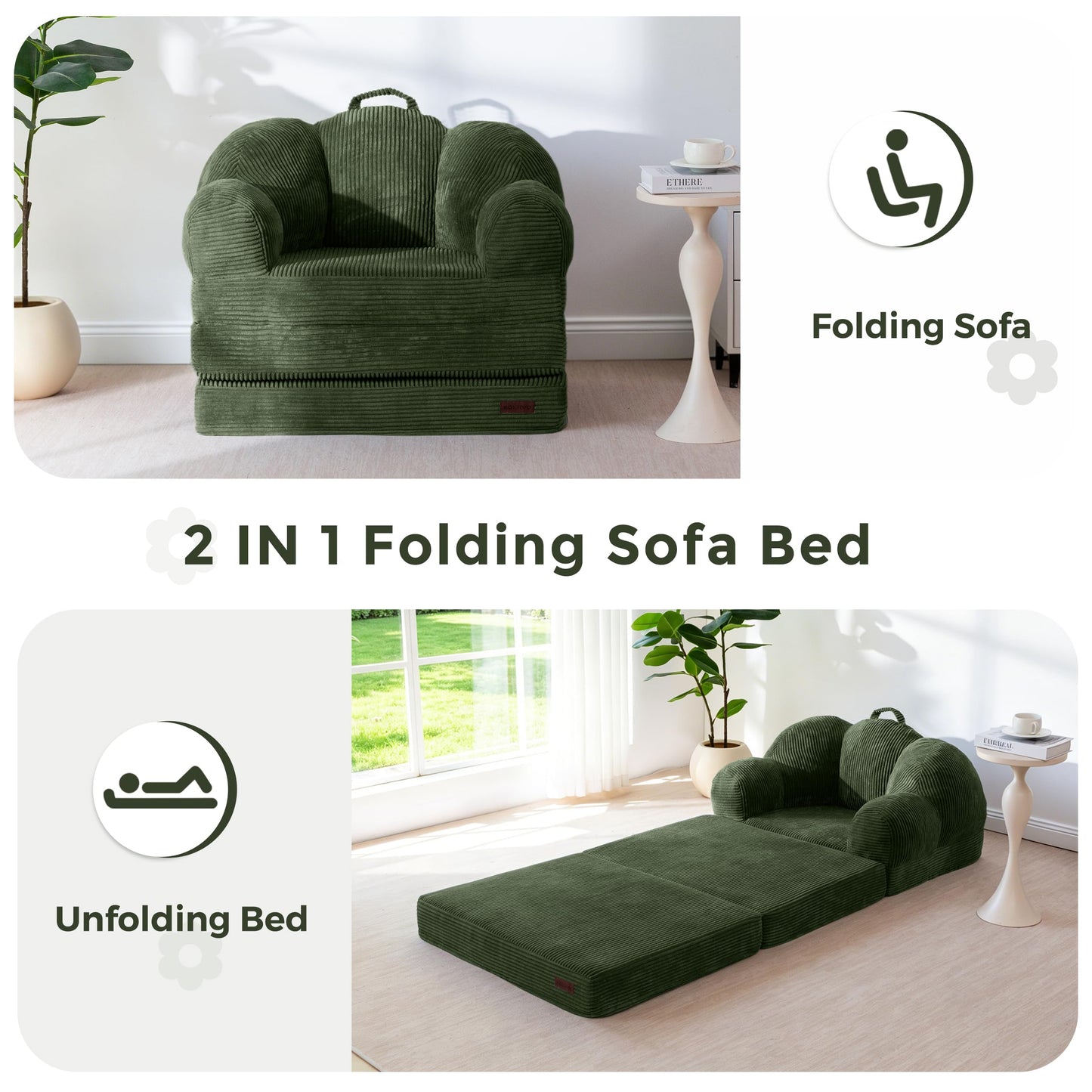 MAXYOYO Folding Sofa Bed with Backrest, Floral Shaped 2 in 1 Convertible Sofa to Comfy Faux Fur Bean Bag Chair for Adults