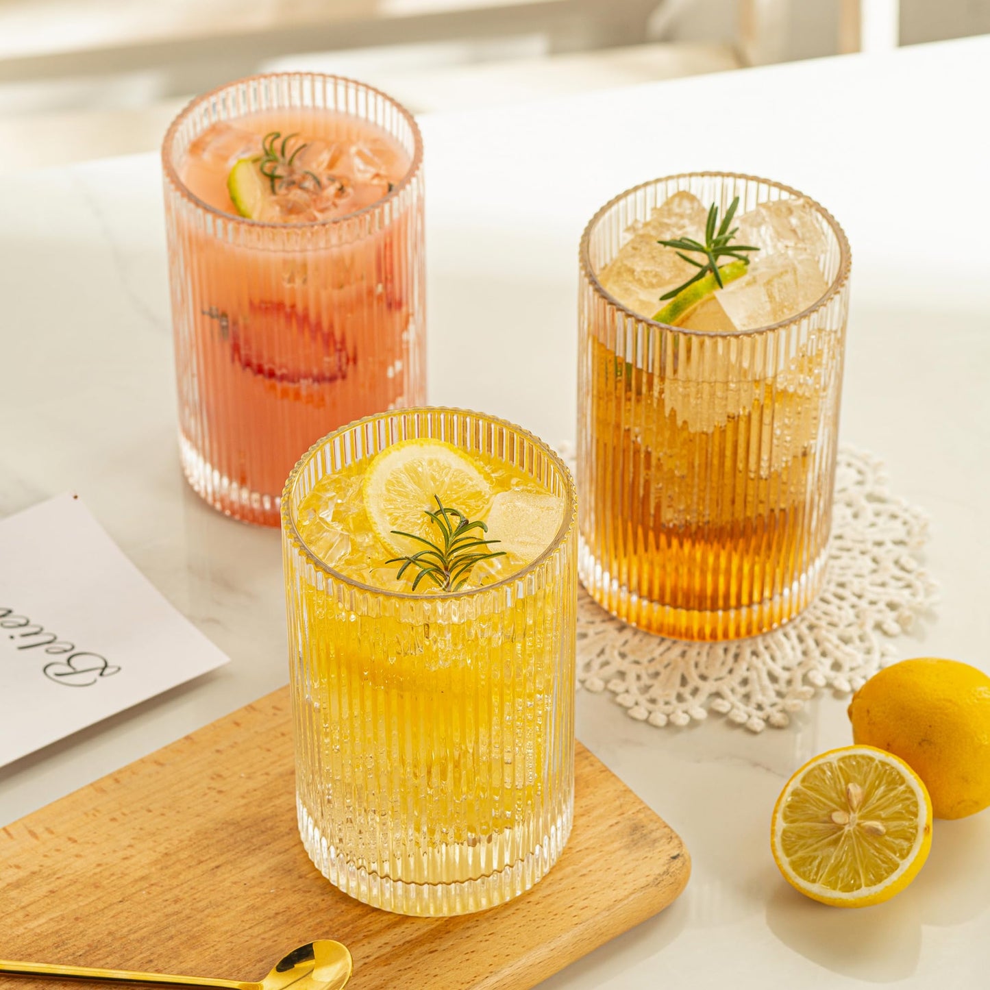 POLIDREAM Vintage Ribbed Glassware Set: 6pcs 16.9oz Drinking Glasses, Fluted Ripple Drinkware, Origami Style, Elegant Glassware for Whiskey, Cocktail,