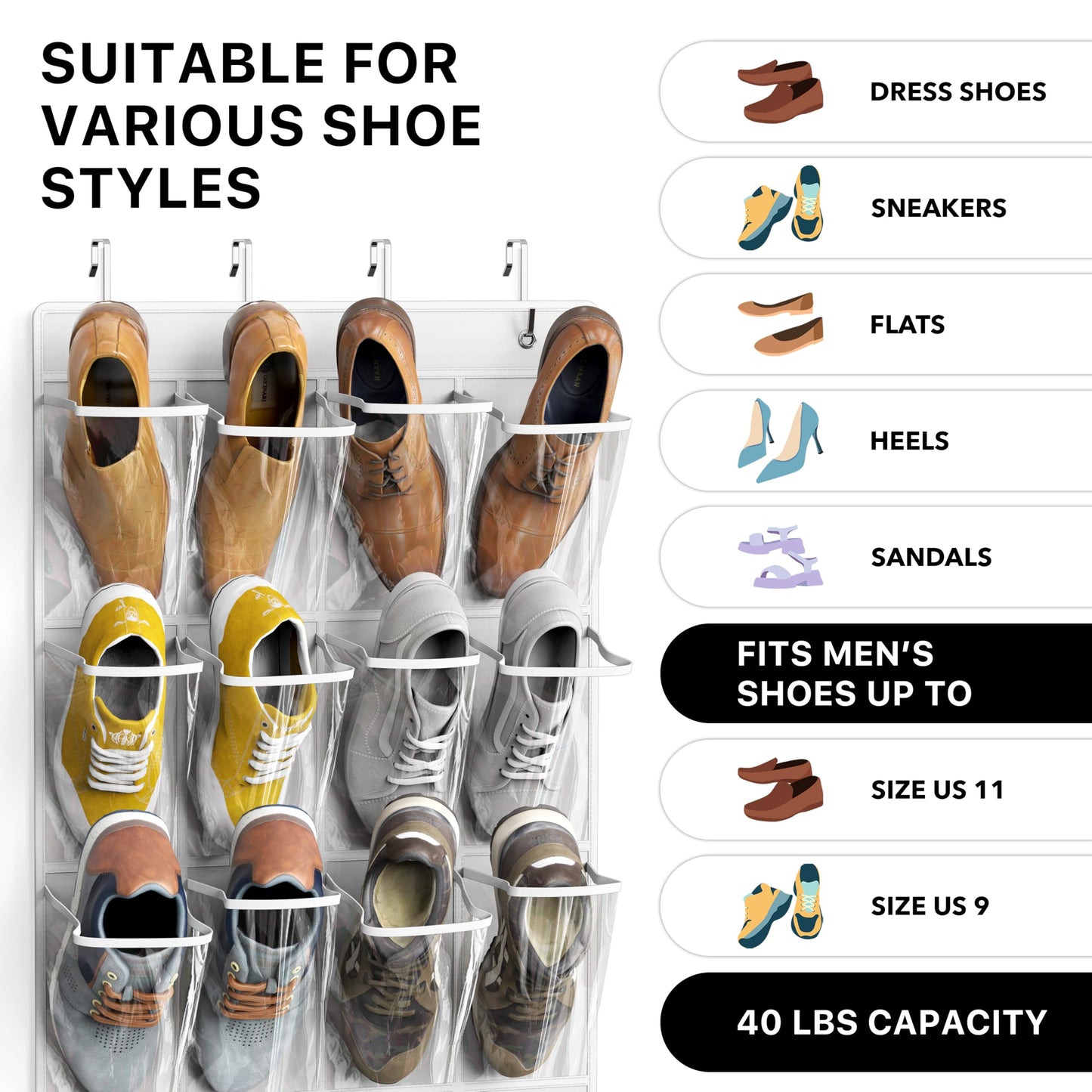 Simple Houseware 24 Pockets Large Clear Pockets Over The Door Hanging Shoe Organizer, White (56" x 22.5")