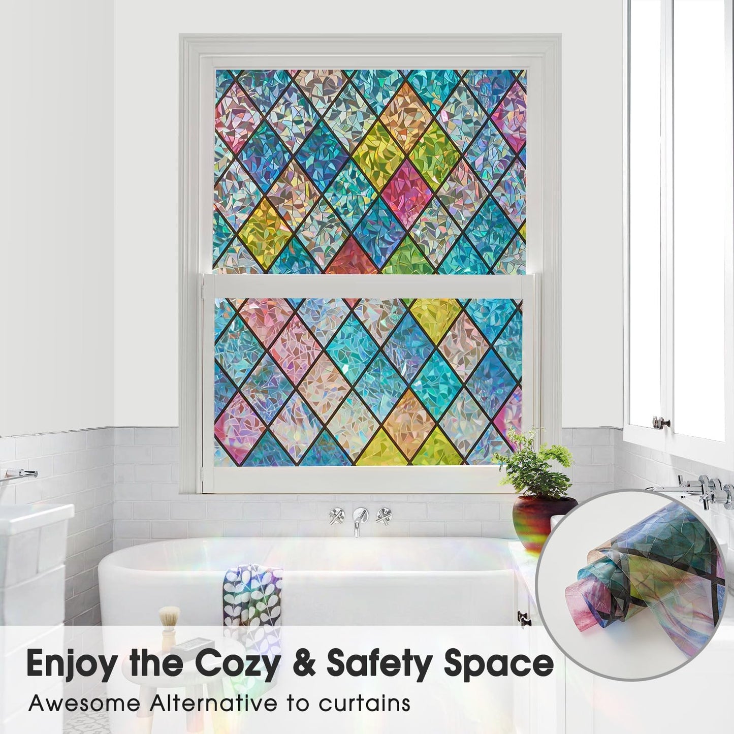 Lifetree Stained Glass Window Film: 3D Rainbow Window Film Privacy self Adhesive No Glue Window Privacy Film Crescent Patterned Vinyl Film UV Blocking