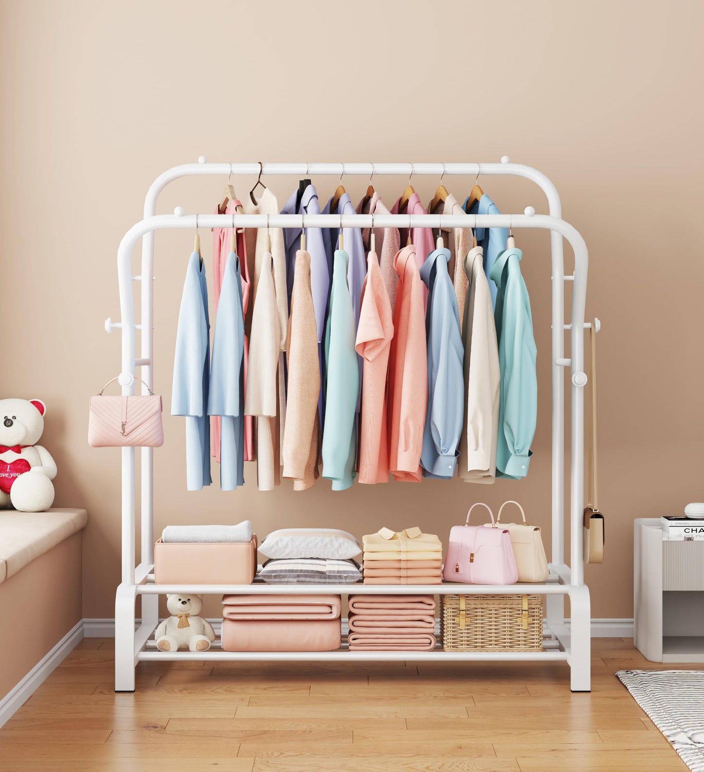 OPPAIYA Heavy Duty Clothes Rail with Double Hanging Rods & 8 Hooks,Clothing Rack with Wide Bottom Base