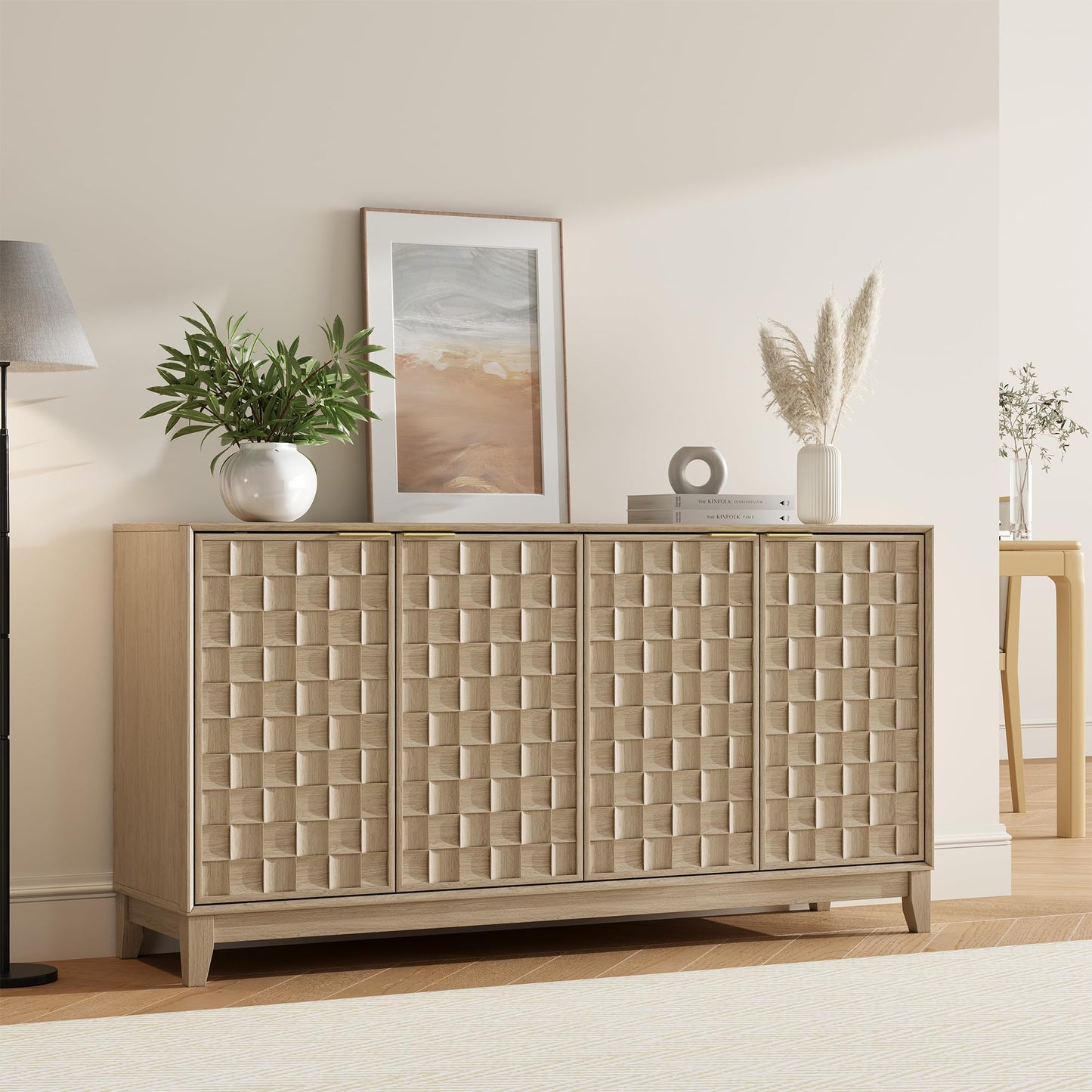COLAMY Sideboard Cabinet, Wooden Sideboard Cabinet with 4 Doors, Textured Design, Adjustable Shelves, Soft Close Hinges