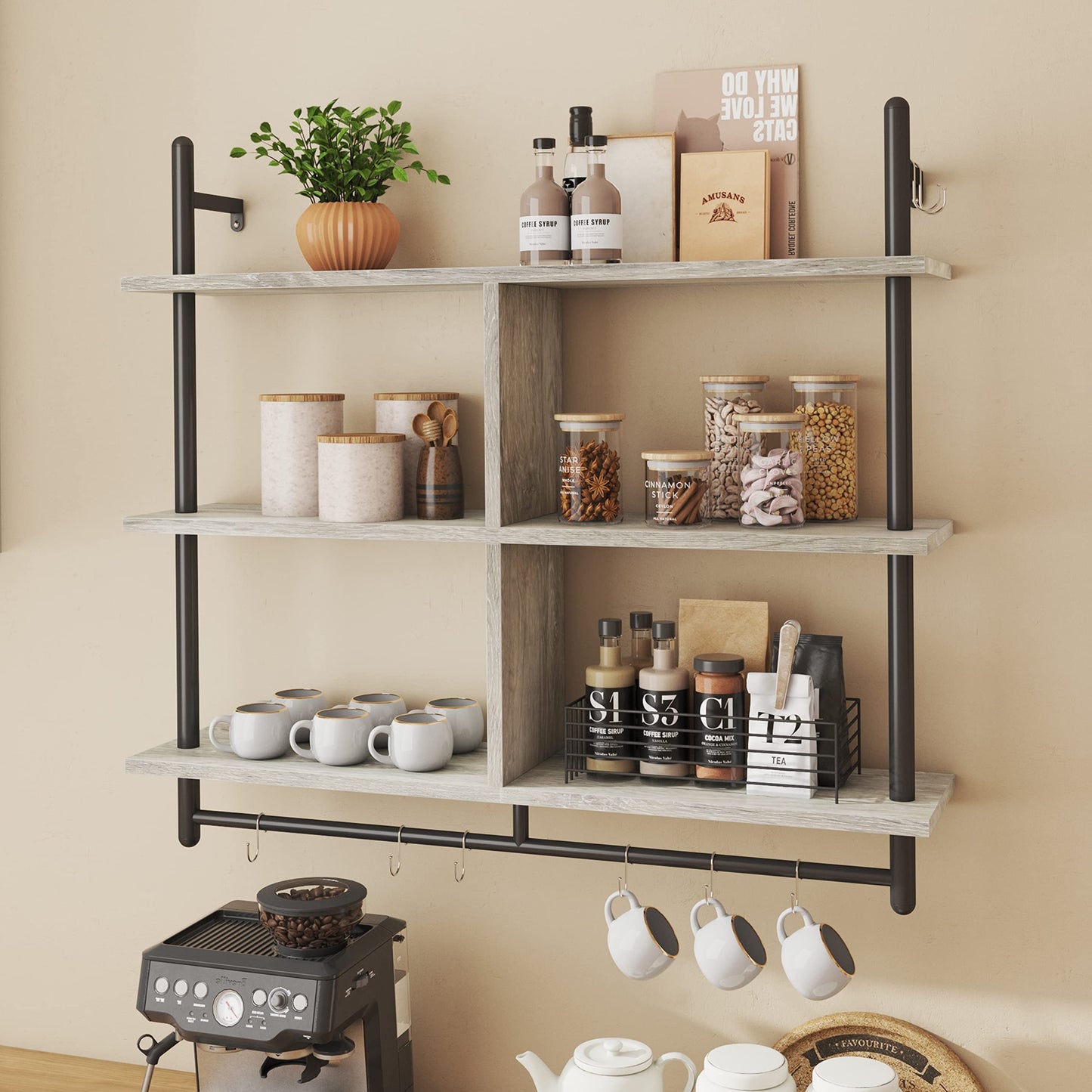 Bestier 3 Tier Floating Pipe Shelving 115CM Industrial Wall Mounted Ladder Shelf Hanging with Circular Tube with Hooks Wood Display Storage Home Decor