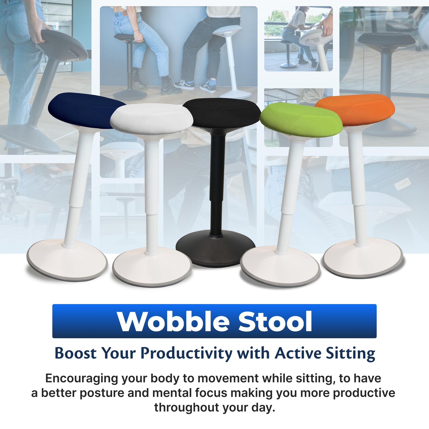 Backerz Ergonomic Desk Stool for Office – Height Adjustable Wobble Stool 40-60 cm