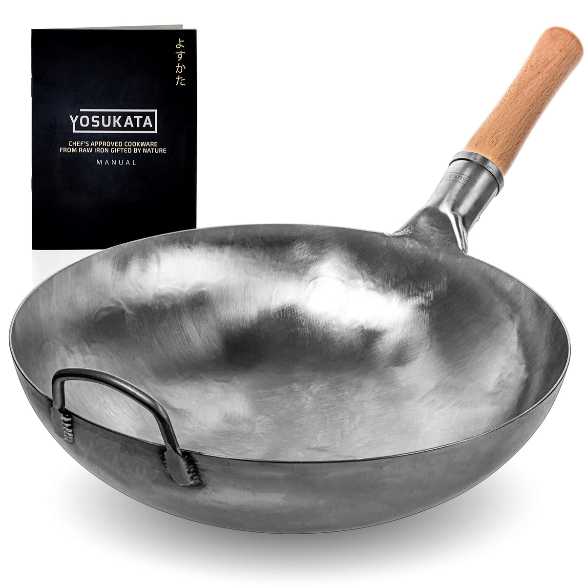 YOSUKATA Silver Round Bottom Woks and Stir Fry Pans 36 cm - Chinese Hammered Carbon Steel Pow Wok - Traditional Chinese Japanese Cookware - Carbon