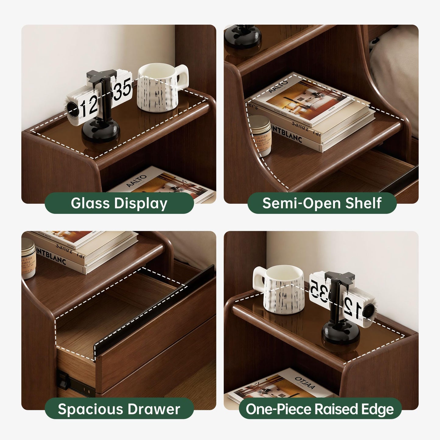 Solid Rubber Wood Bedside Table 2 Drawers Open Storage Bedroom Nightstand