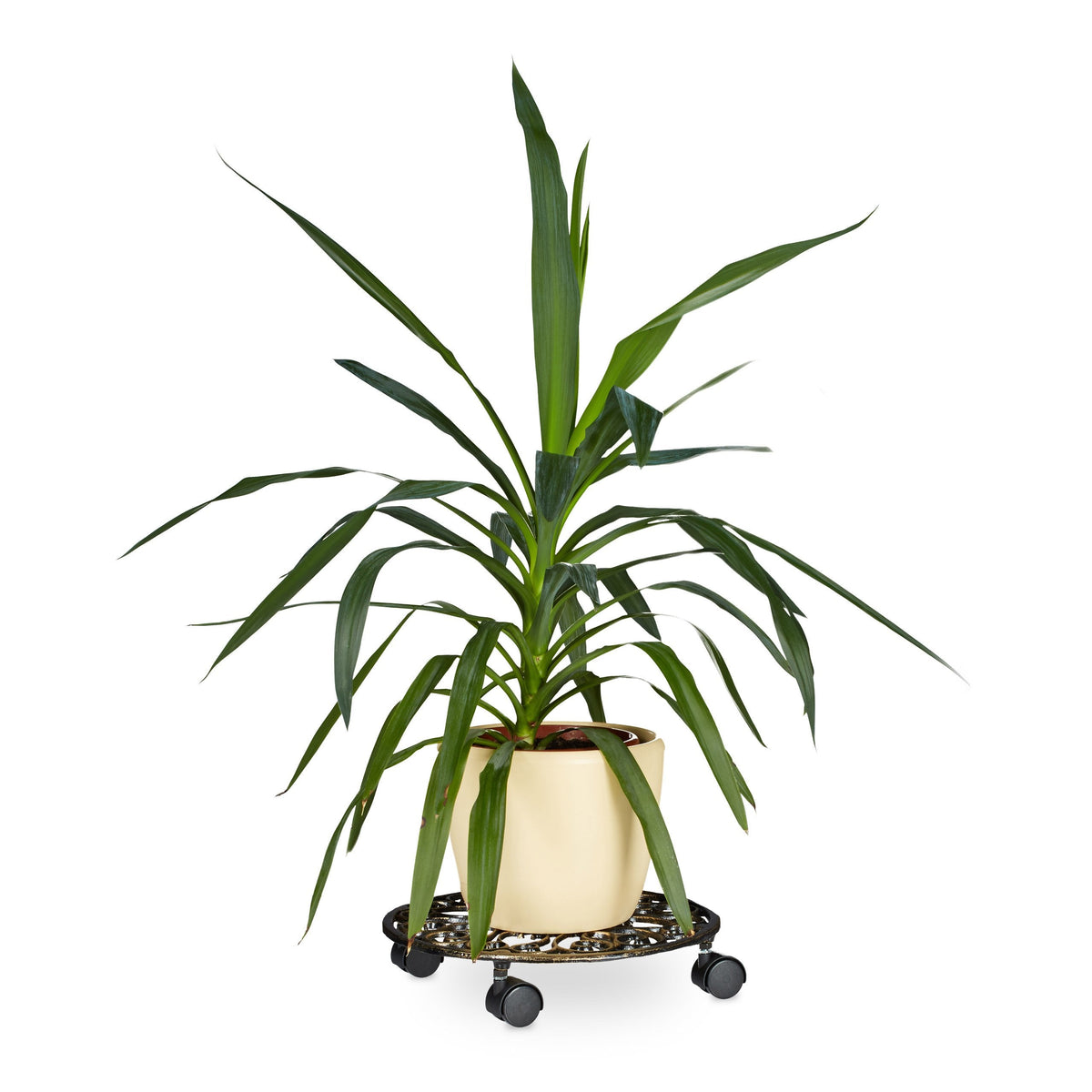 Relaxdays Plant Caddy Cast Iron Round 33.5 Diameter Plant Pot Trolley Metal Mover with Wheels, Metal Plant Dolly in Art Nouveau Style w/ 4 Wheels,