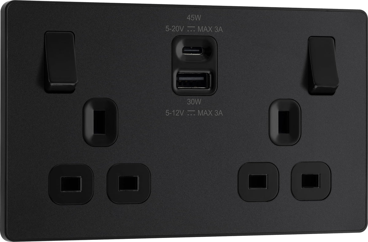 BG Electrical 45W Double Switched Power Wall Plug Socket with Super Fast Charge Type A and Type C USB Charging Ports, Evolve, Matt Black, 13A,