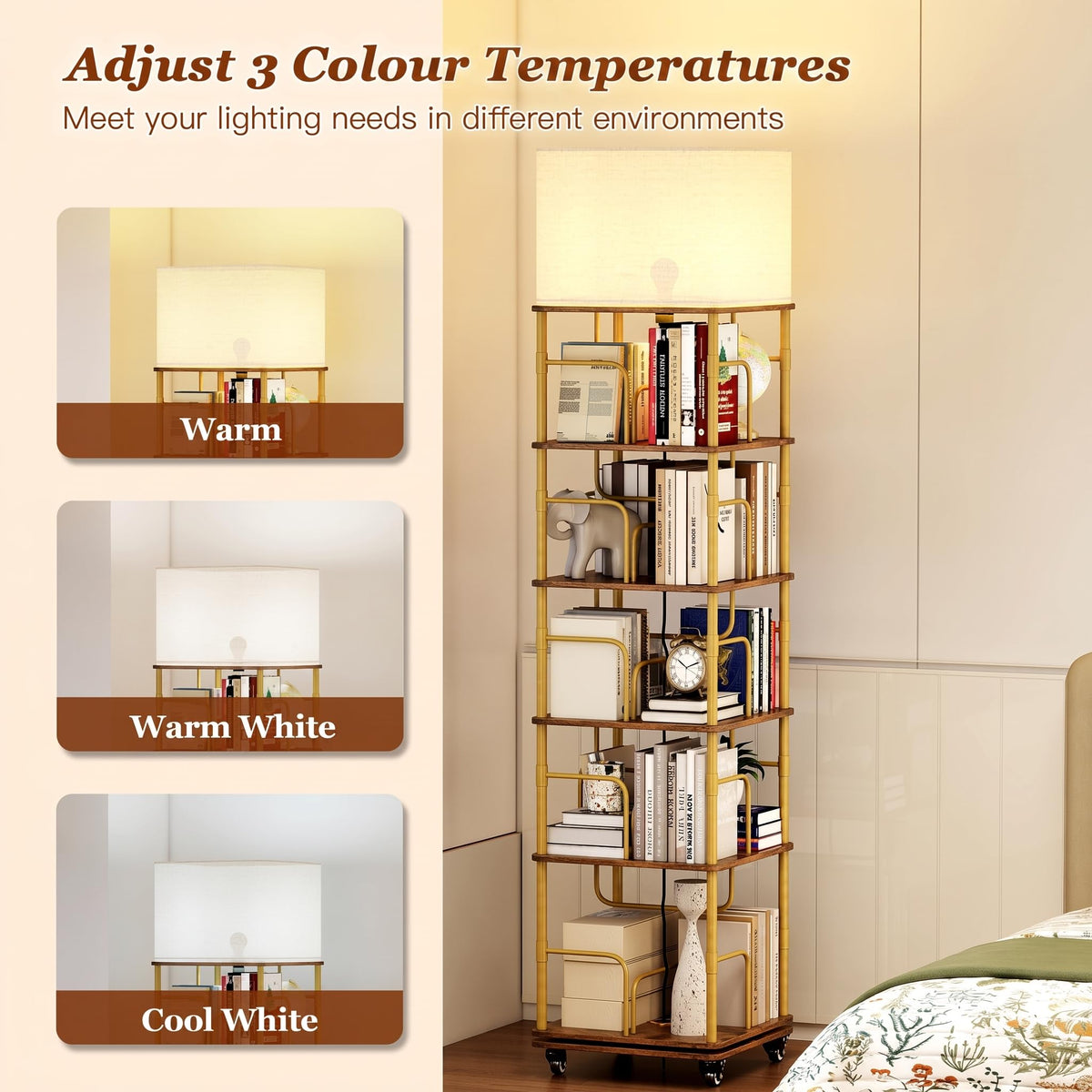 Quikraen 5-tier Revolving Bookcase with LED and Lockable Castors，Gold+Brown