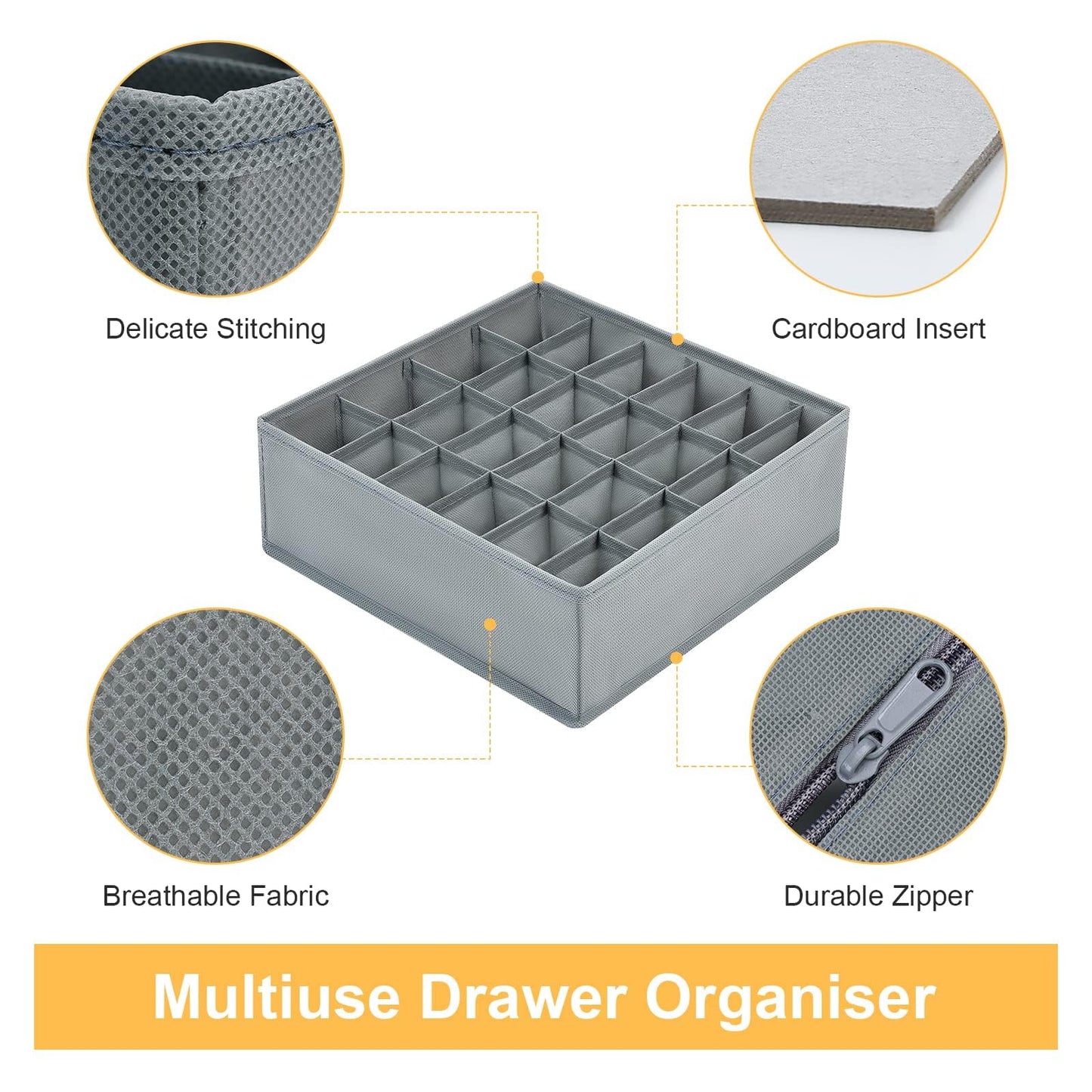 DIMJ 3 Pack Drawer Organisers 24 Cells Sock Organiser Foldable Underwear Drawer Organiser Fabric Drawer Divider Storage Boxes for Socks, Belts, Grey