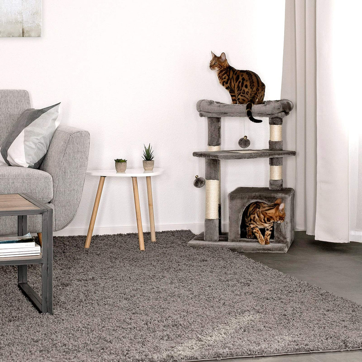 lionto Scratching tree for cats with cozy lying area & cave, height 75 cm, cat tree with sisal rope & soft plush, 2 plush balls incl. bells, suitable