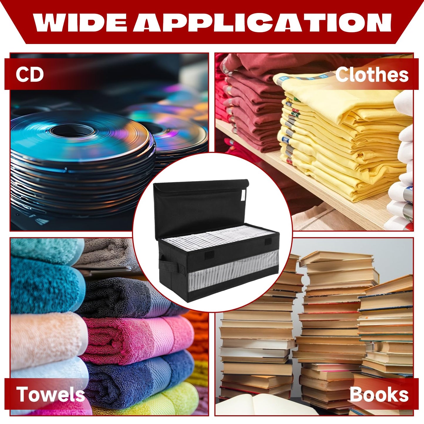 YOUNTHYE 4Pack CD Storage Boxes, Fabric Collapsible CD Storage Cases Black Stackable CD Organizer Box with Lids and Window, 14.4x6.3x5.7 inch