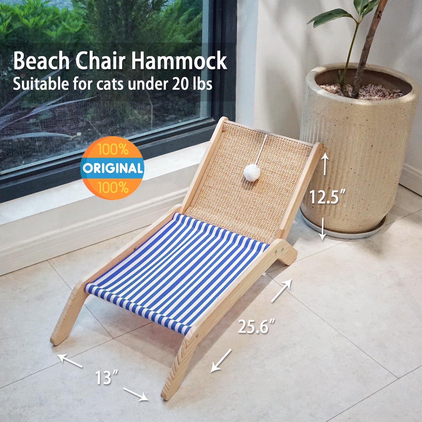 PETKARAY Cat Hammock with Coconut Palm Tree Scratching Post, Cozy Beach Chair Elevated Cat Beds, Original Cat Lounger for Indoor Cats