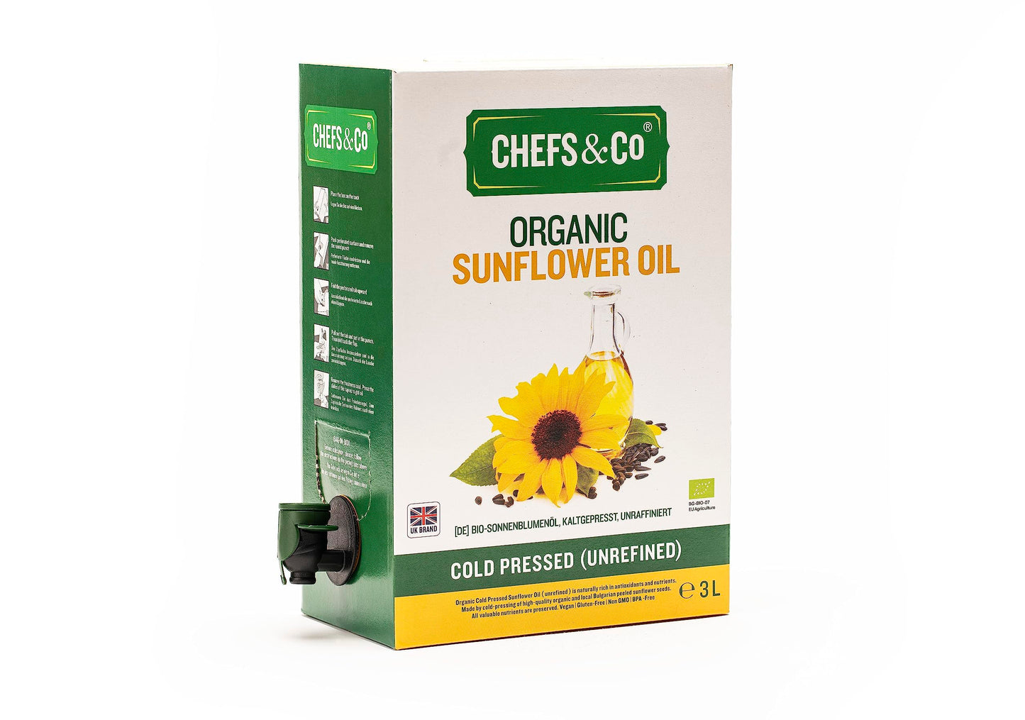 CHEFS & CO Organic Sunflower Oil | Plant-Based Oil | Ideal for Baking, Saut?ing & Dressings(COLD PRESSED, 3L(Pack of 1))
