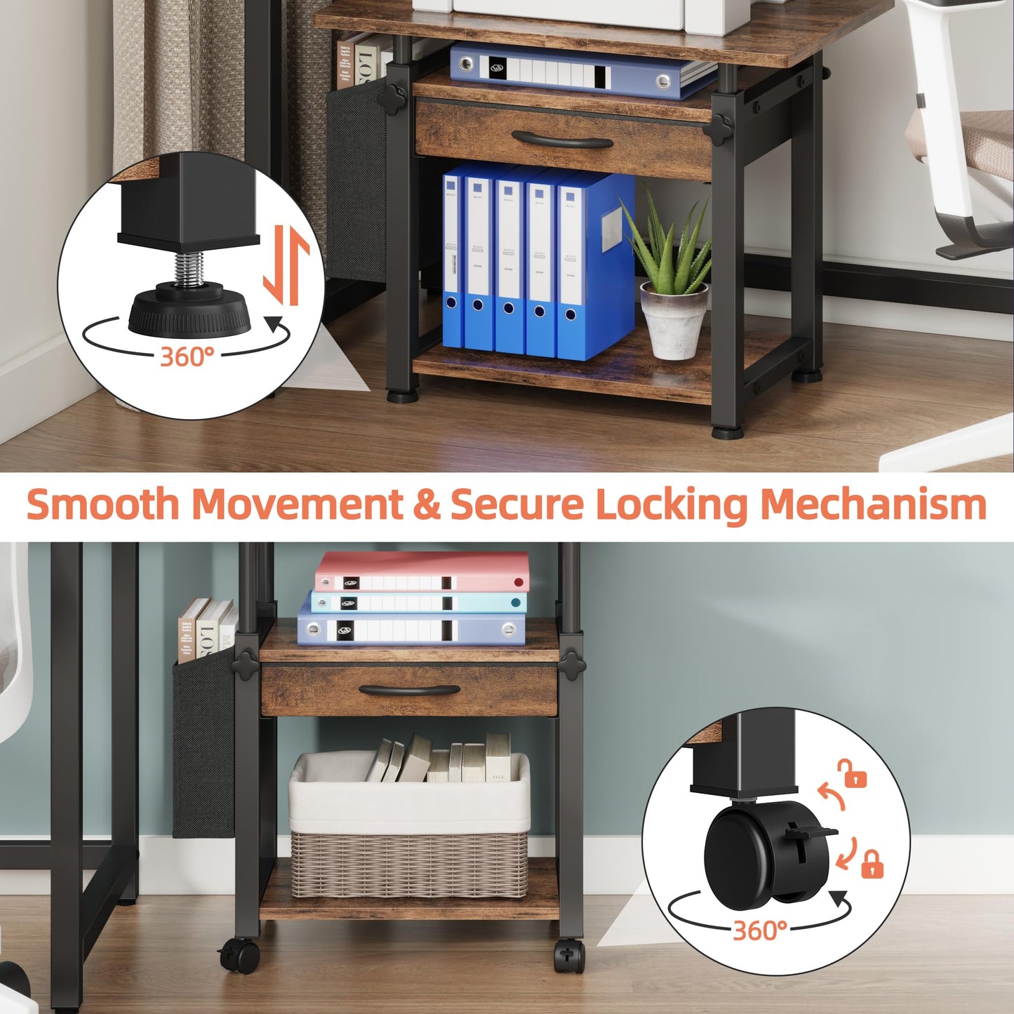 OYRREU 3 Tier Printer Stand on Wheels, Height Adjustable Mobile Table Wood