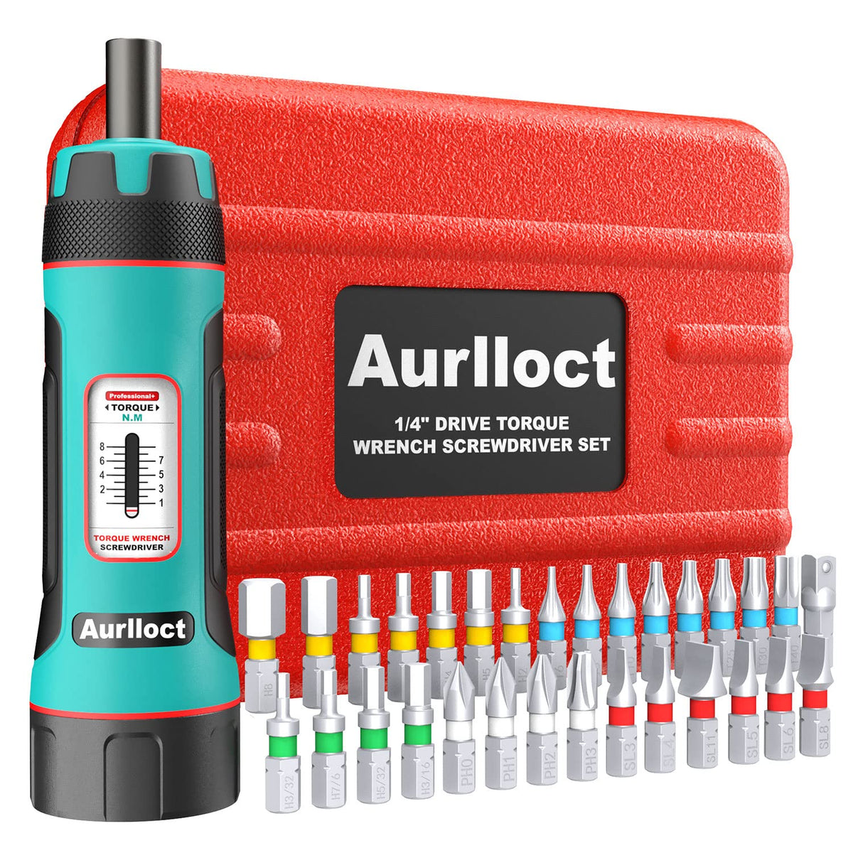 Aurlloct 1/4" Torque Screwdriver Wrench Set, 1-8 Nm Torque Wrench Bits Set with 1/4" Hex to 1/4" Socket Adapter, for Household Repairs, Bicycle