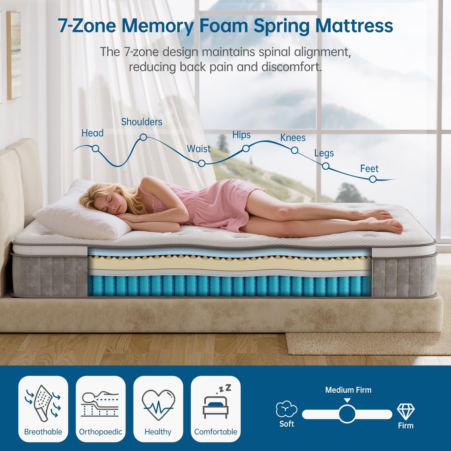 TeQsli 10 Inch 7-Zone Double Mattress, 4FT6 Memory Foam & Pocket Sprung Hybrid Double Mattress for Pressure & Back Pain Relief – Medium Firm