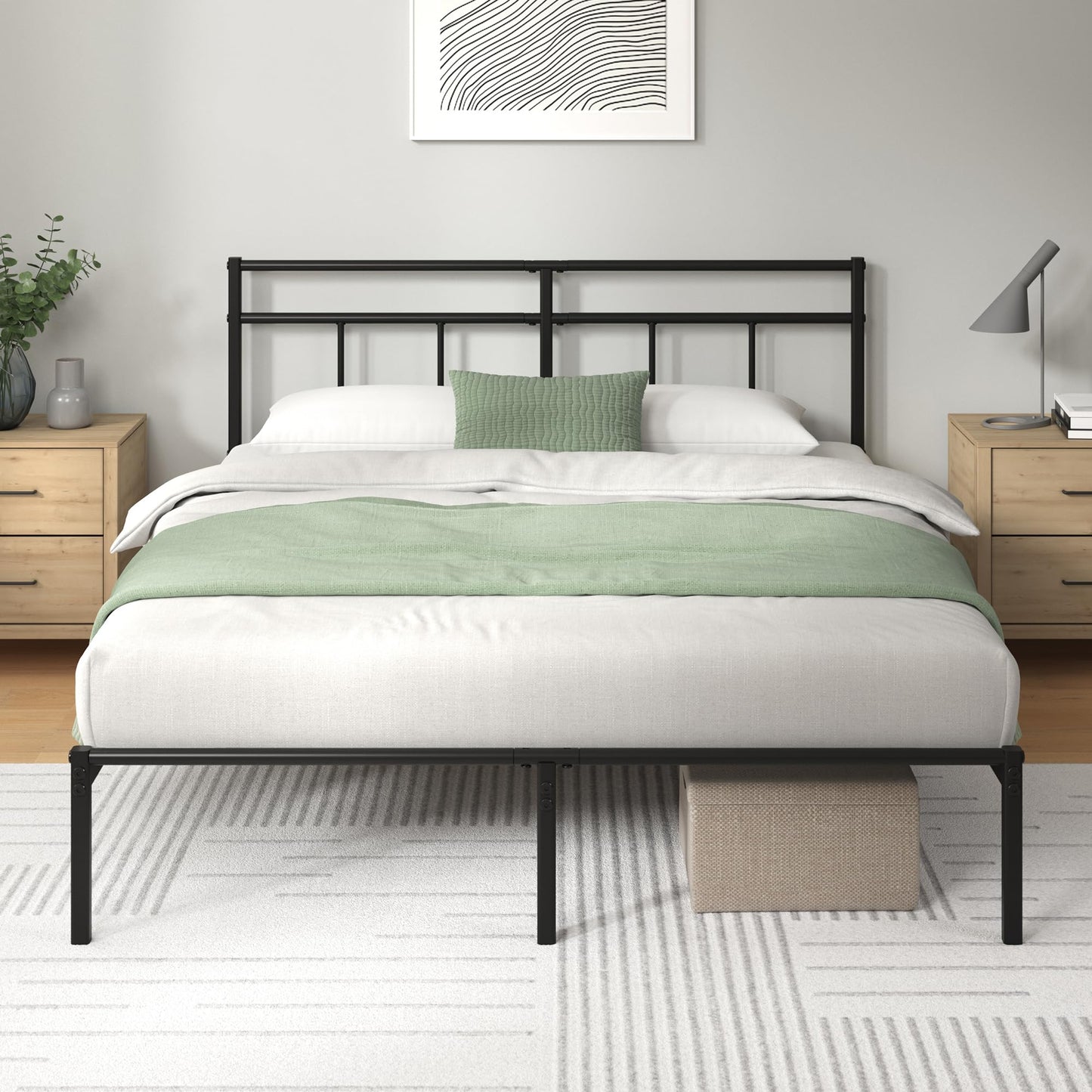 Zinus Elias Double Bed Frame  Bed 135x190 cm  30cm Height Metal Bed Frame with Headboard  Platform bed frame with steel slat support  Modern