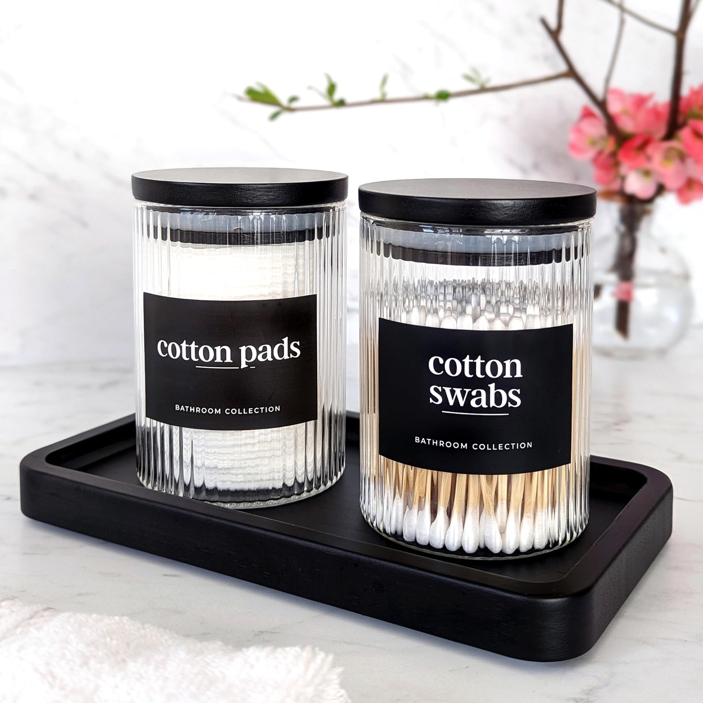 Mason & Fable Ribbed Glass Bathroom Jars with Airtight Black Bamboo Lids | Cotton Pad/Buds/Q tip Holder