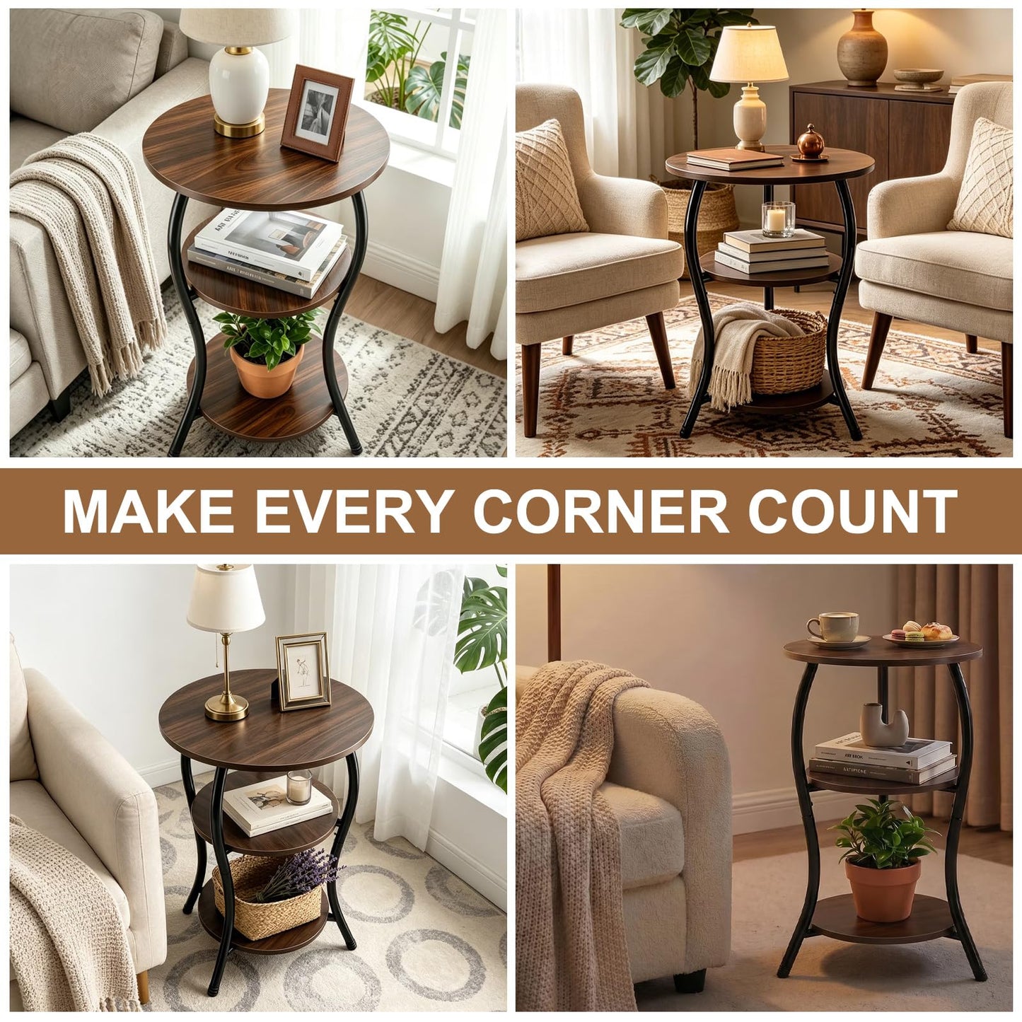 3 Tier Round Side Table 40cm Slim Round Coffee Table Vintage, Round Small End Table with Wooden Storage Shelves