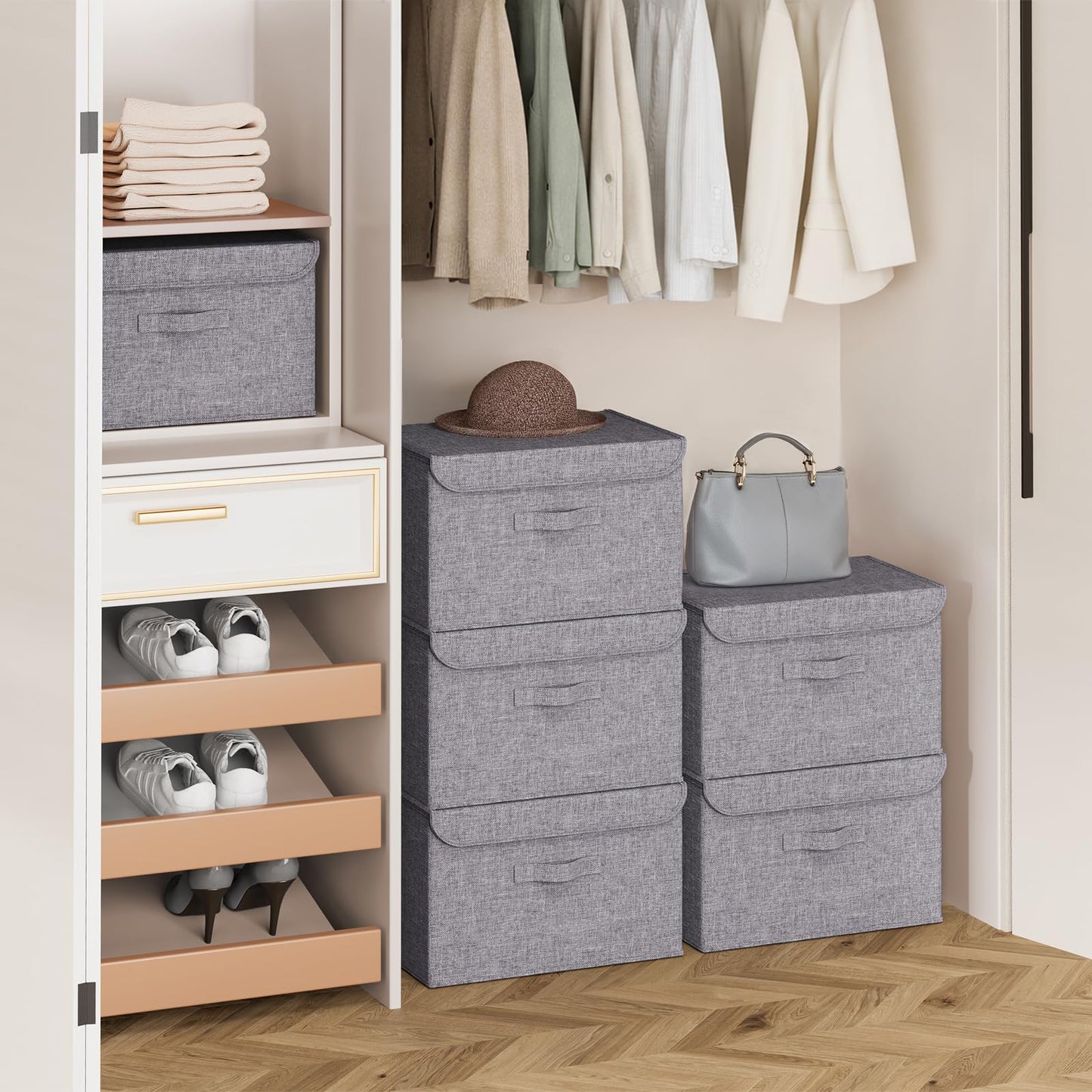 5 Pack of Stackable Storage Boxes with Lids Linen Wardrobe Organiser 37.8L