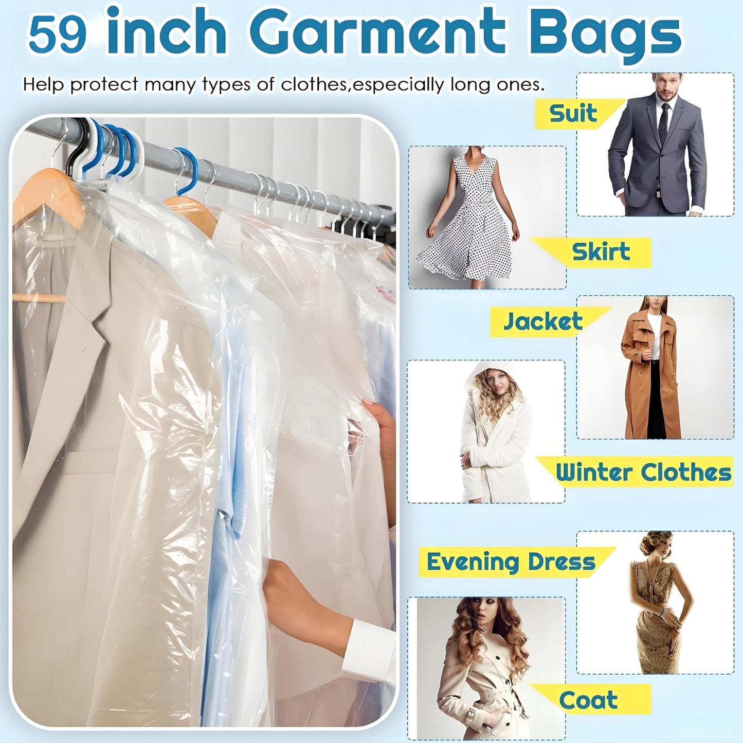 Plastic Clothes Covers, Clear Clothes Bags Hanging,Dress Bag,Garment Bags,Dust-proof Garment Protector Covers for Clothes Shirt Suit Jacket Suit