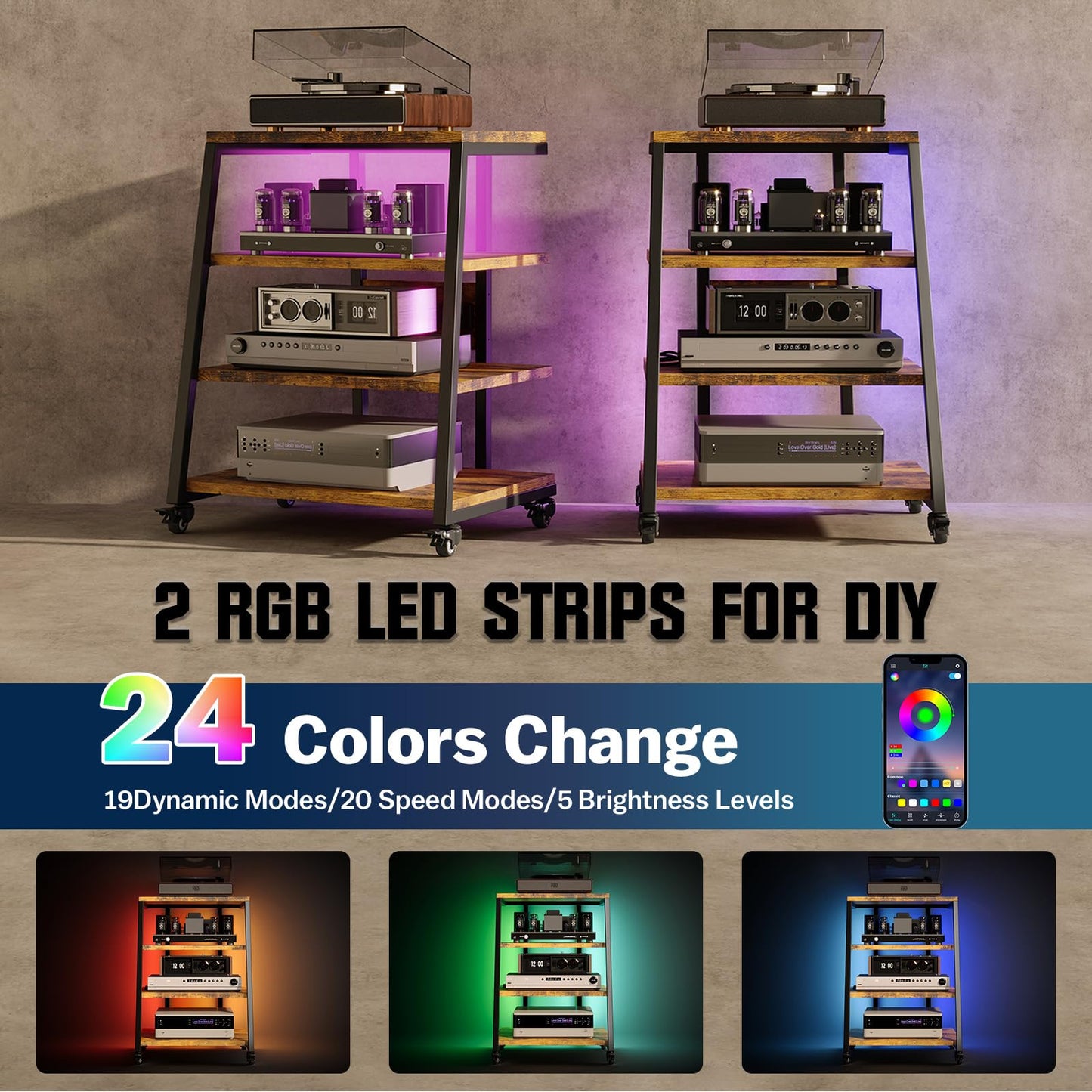 Vrietina HIFI Stand with Power Strips, Adjustable Shelf, LED Lights, Wheels