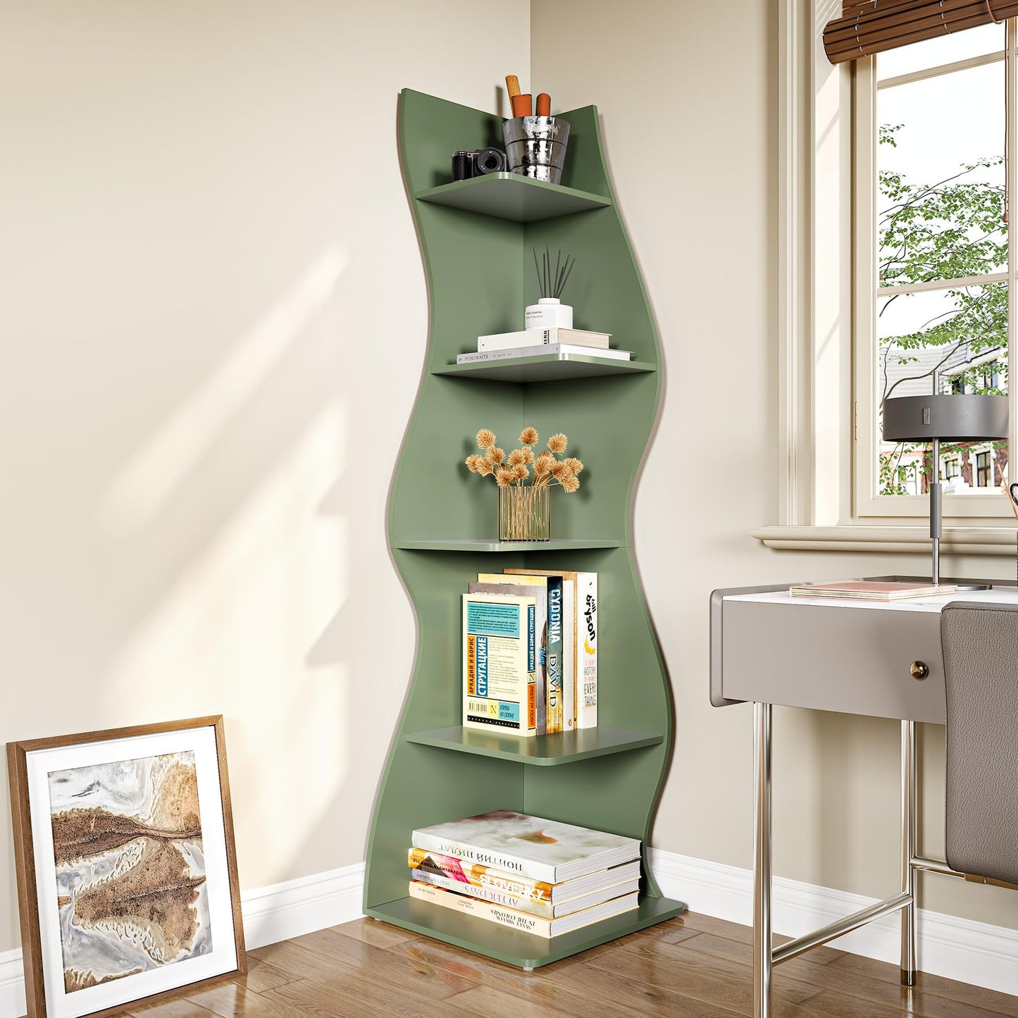 LITTLE TREE Small Corner Shelf, Modern 5-Tier Wall Corner Bookshelf, Stylish Bookcase Storage Rack for Small Space, Living Room, Bedroom Green
